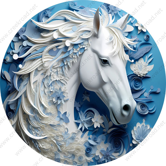 White Horse with Blue Flowers -3D-Wreath Sign-Round-Sublimation-Fall-Decor-Creek Road Designs