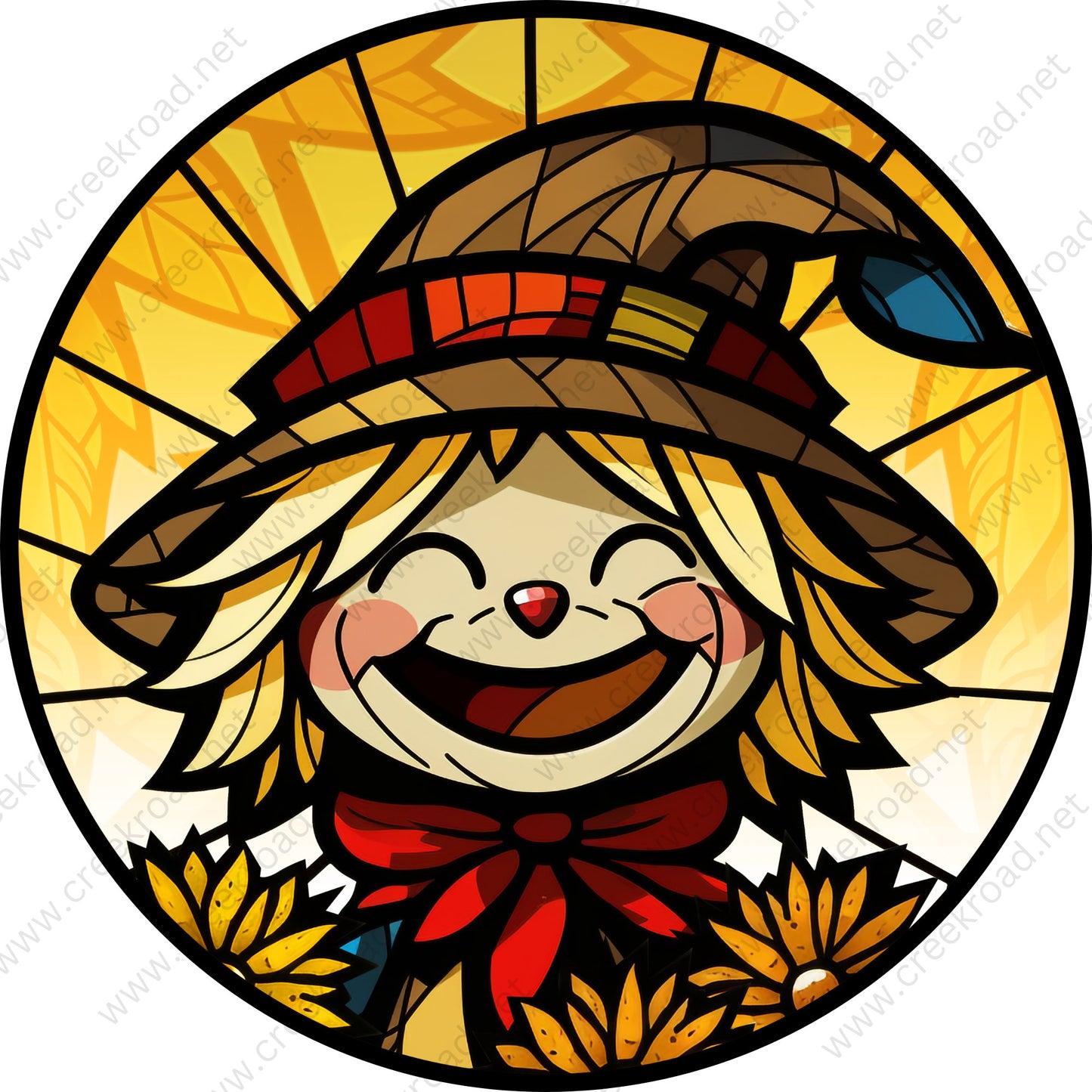 Happy Smiling Fall Scarecrow Wreath Sign-Round-Sublimation-Autumn-Decor-Creek Road Designs