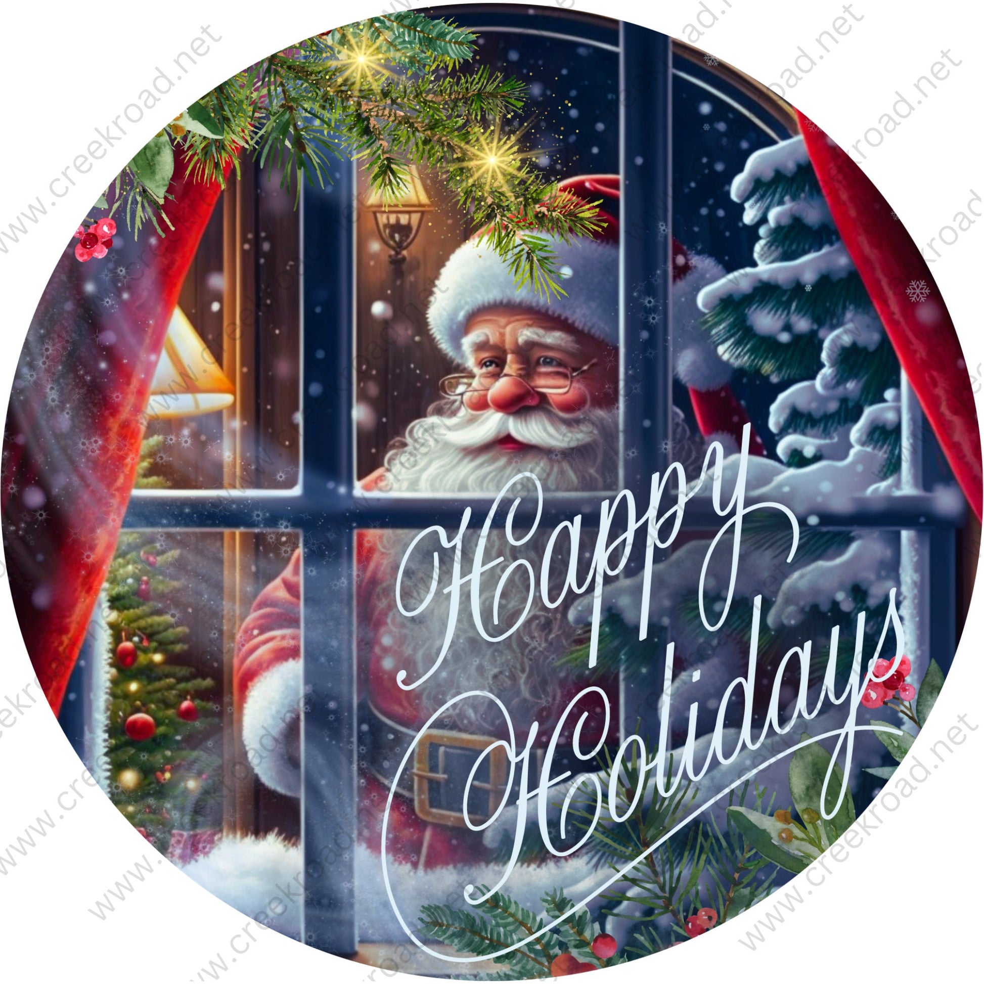 Happy Holidays Santa in Window Wreath Sign-Sublimation-Round-Christmas-Decor