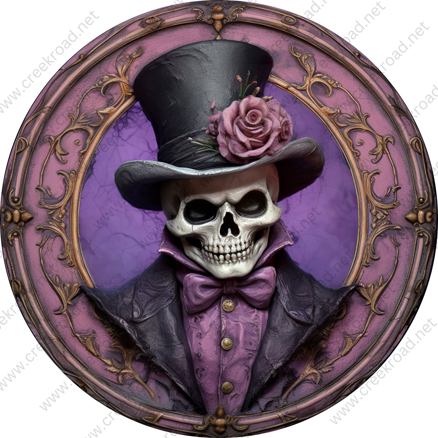 Skeleton Purple Black Tuxedo Black Top Hat Picture Frame Wreath Sign-Halloween-Sublimation-Decor-Creek Road Designs