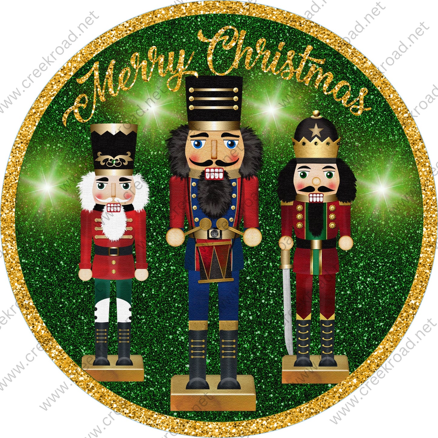 Merry Christmas Nutcracker Green Gold Glitter Border Wreath Sign-Sublimation-Round-Christmas-Decor