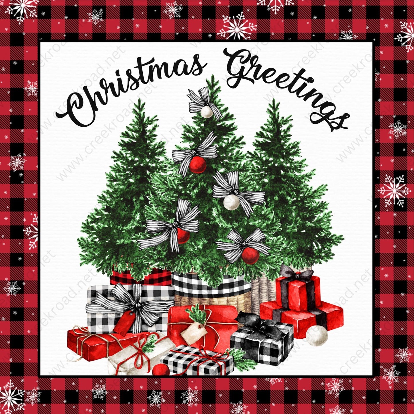 Christmas Greetings Trees with Presents Red Black Buffalo Check Border Wreath Sign-10"x10" Square Sublimation-Christmas-Decor