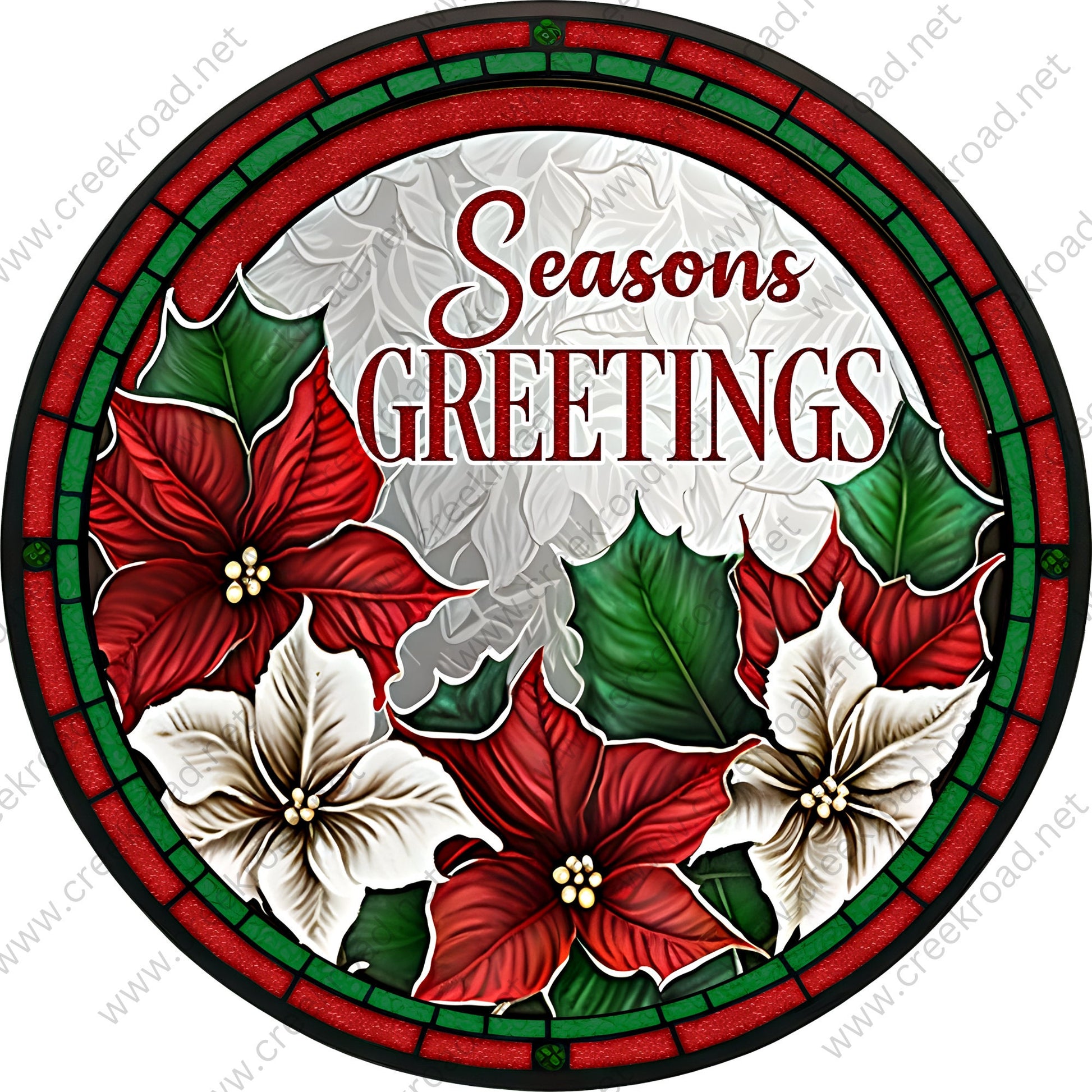 Seasons Greetings Red White Poinsettia Red Green Wreath Sign-Sublimation-Round-Christmas-Decor