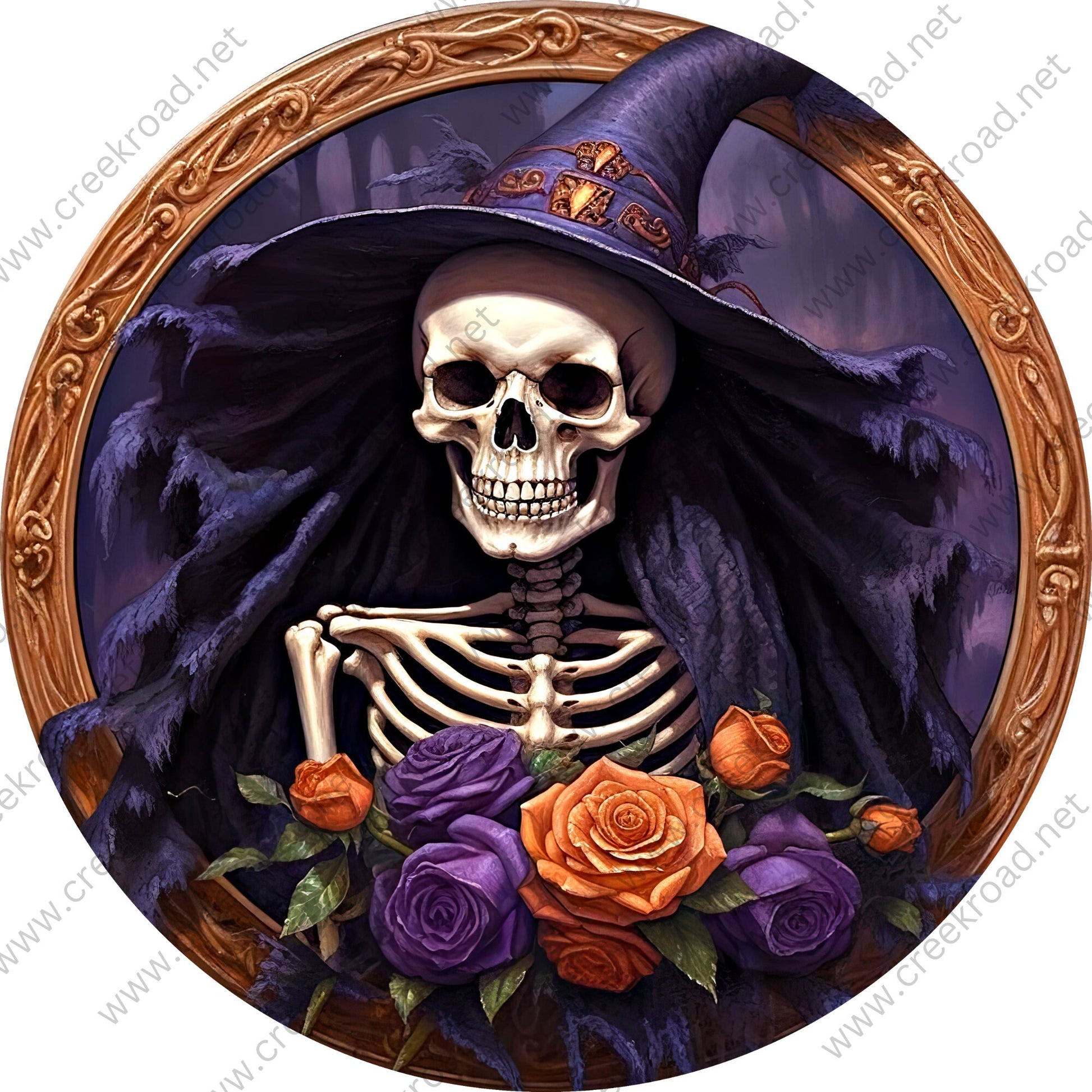 Skeleton Witch Purple Orange Flowers Wreath Sign-Halloween-Sublimation-Decor-Creek Road Designs