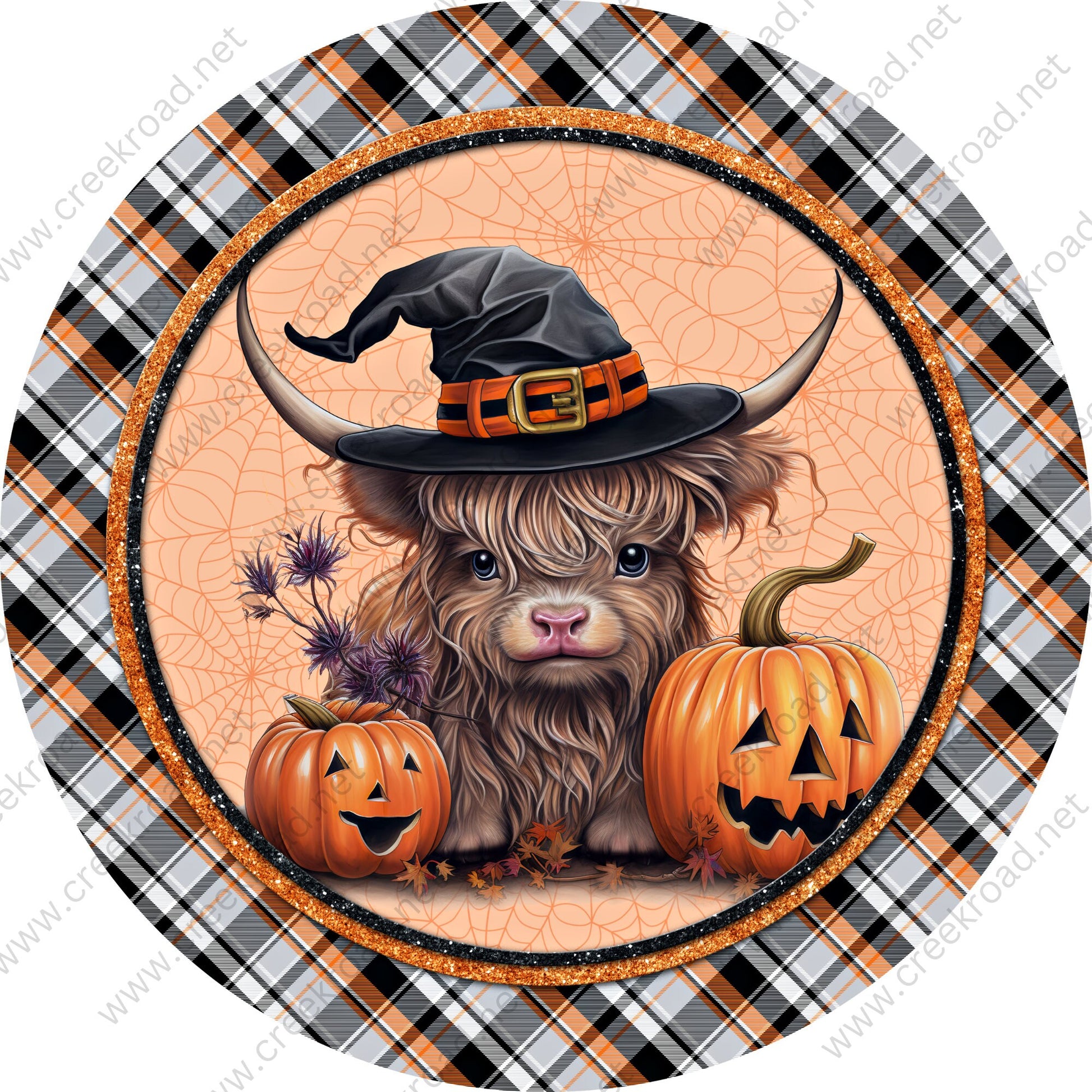 Cute Halloween Highland Cow Jackolanterns Orange Black Plaid Border Wreath Sign-Halloween-Sublimation-Decor-Creek Road Designs