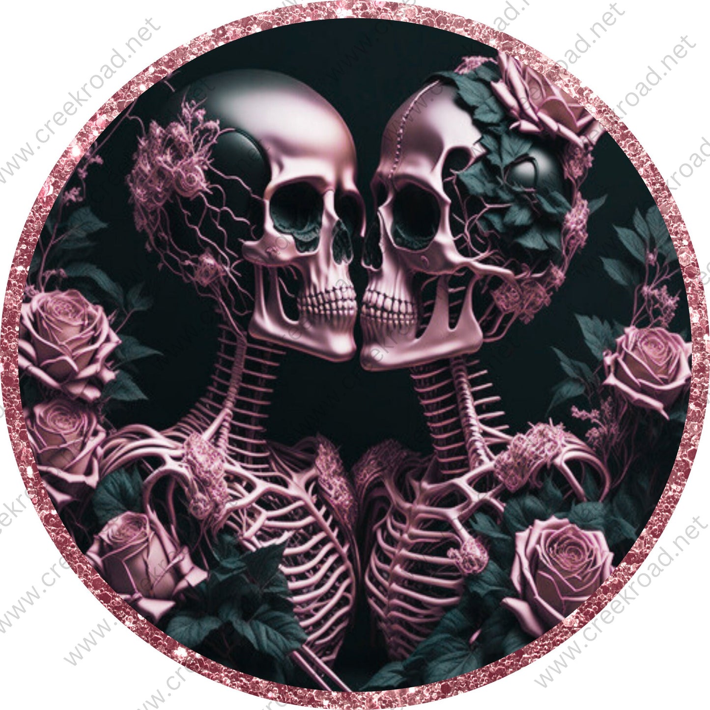 Kissing Pink Skeletons Roses Wreath Sign-CHOOSE YOUR BORDER-Halloween-Sublimation-Decor-Creek Road Designs