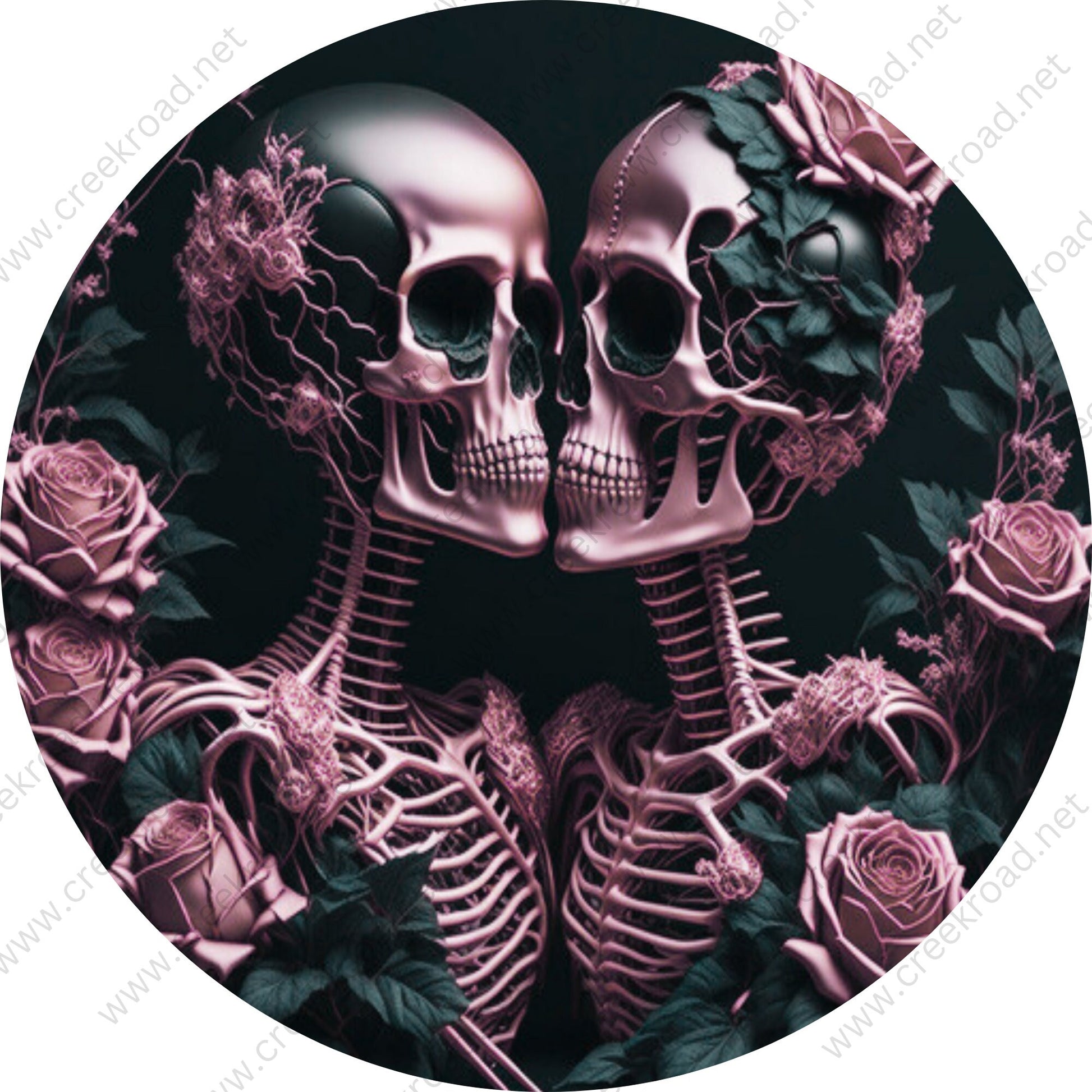 Kissing Pink Skeletons Roses Wreath Sign-CHOOSE YOUR BORDER-Halloween-Sublimation-Decor-Creek Road Designs