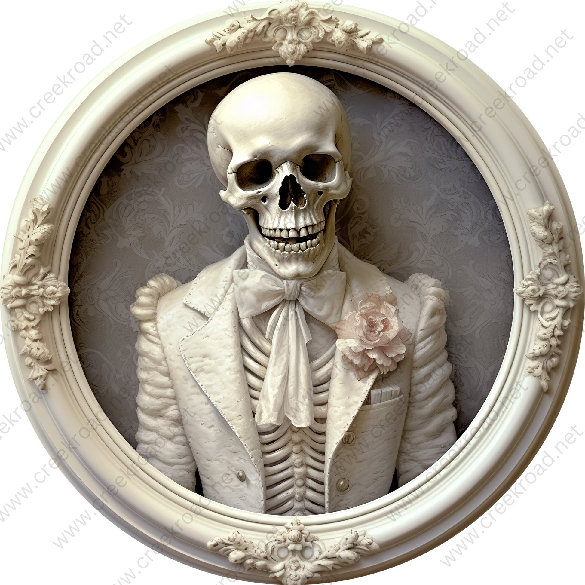 Skeleton in White Tuxedo Ornate White Frame-Halloween-Sublimation-Decor-Creek Road Designs