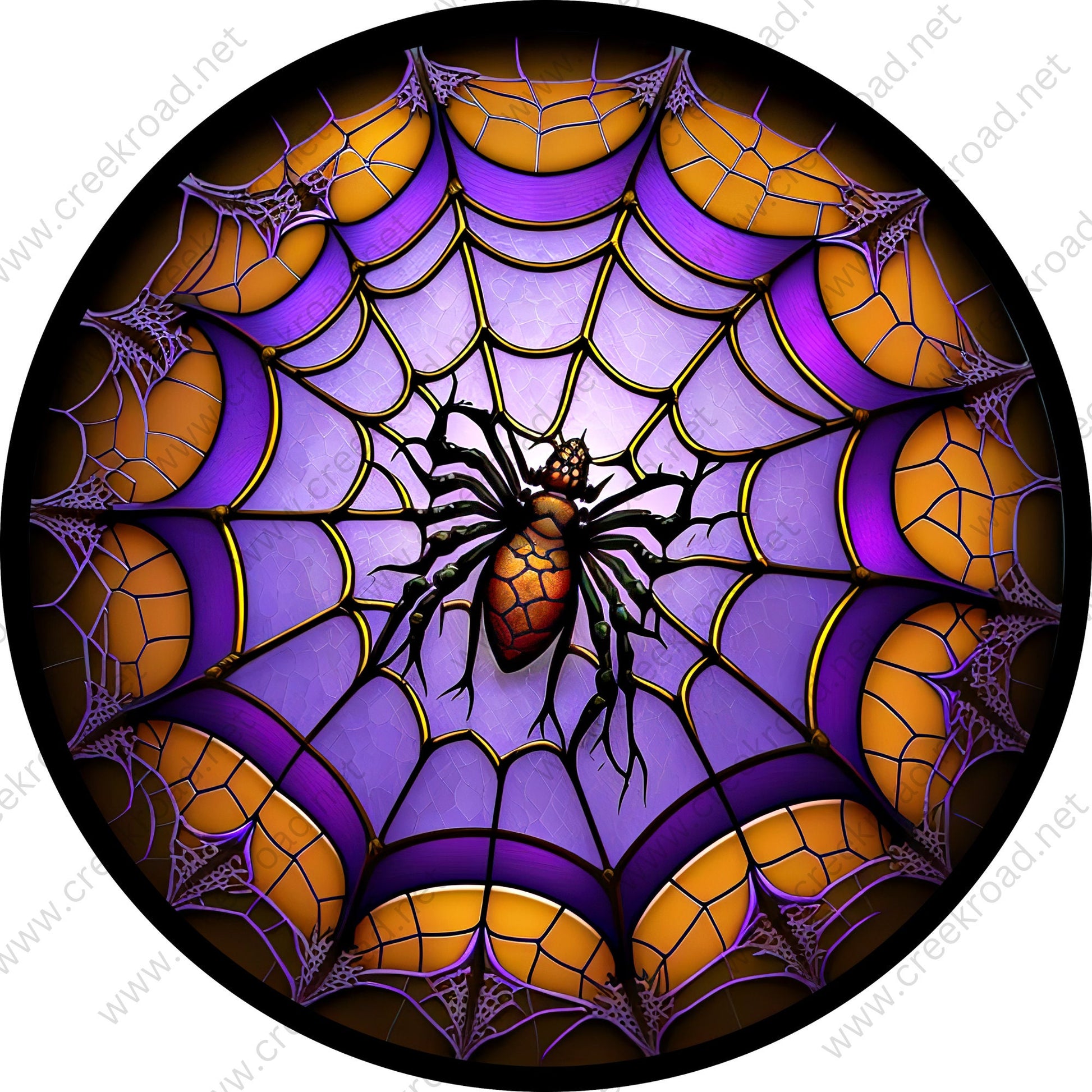 Halloween Spider in Web Orange Purple Black Wreath Sign-Halloween-Sublimation-Decor-Creek Road Designs