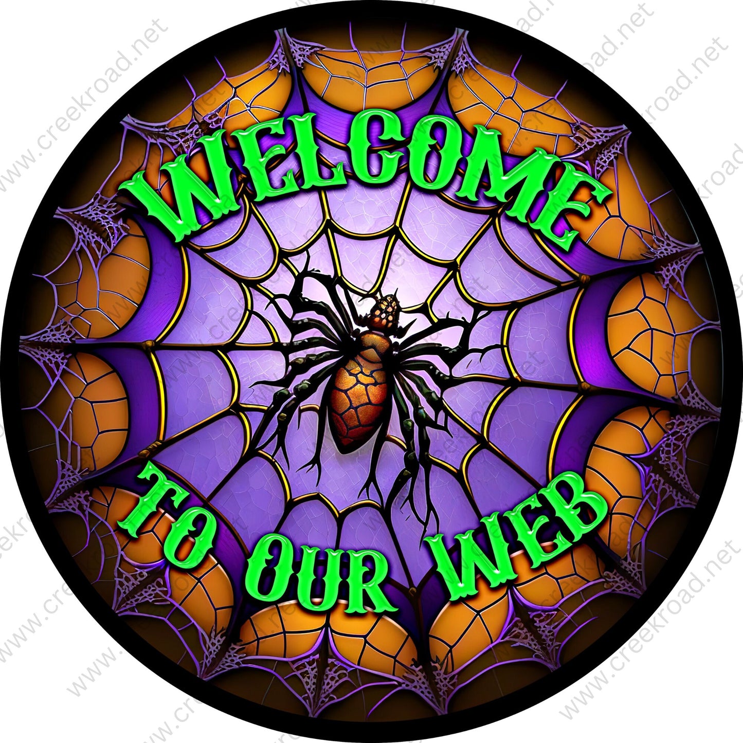 Welcome To Our Web Halloween Spider in Web Orange Purple Black Wreath Sign-Halloween-Sublimation-Decor-Creek Road Designs