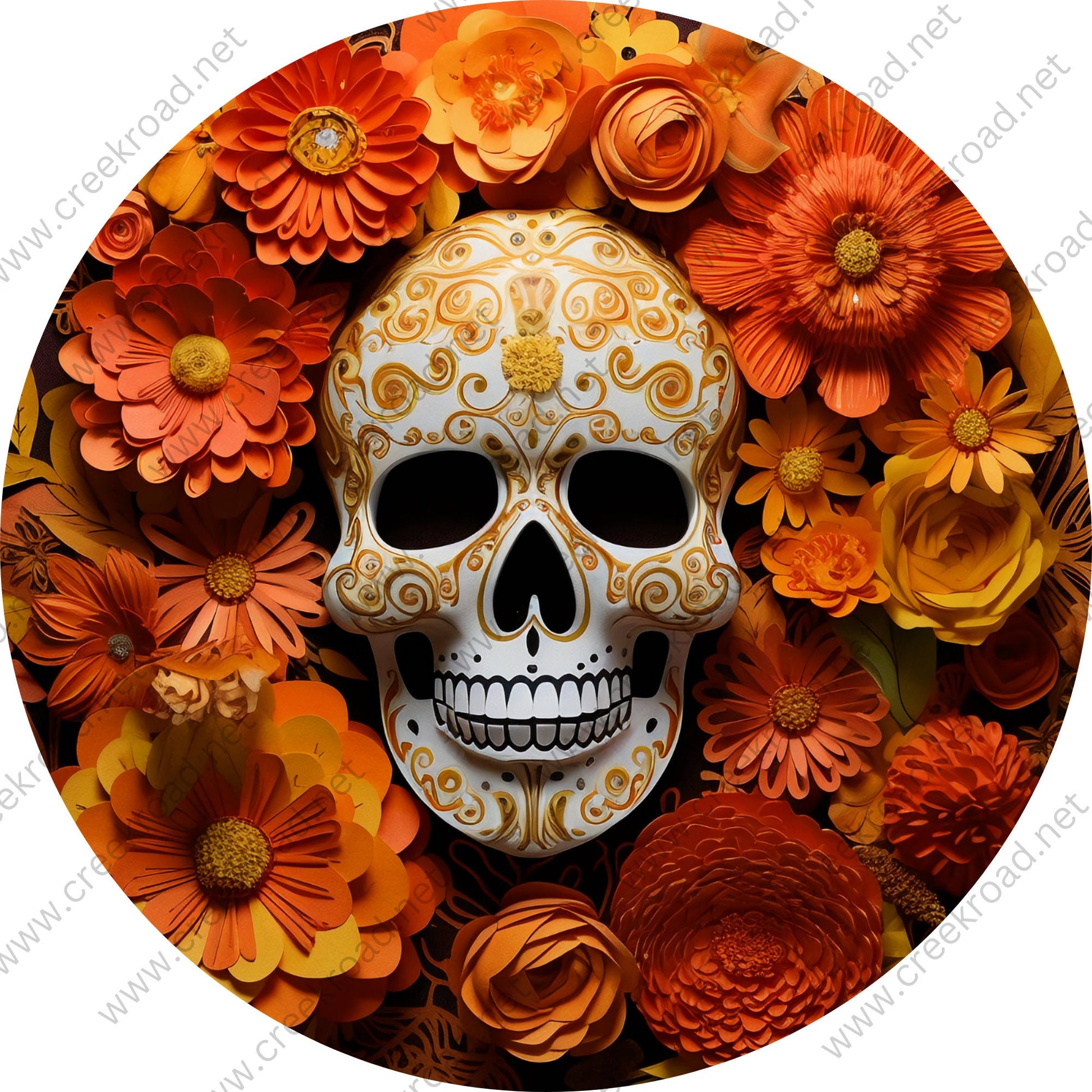 Sugar Skull Orange Flowers Wreath Sign-Halloween-Sublimation-Decor-Creek Road Designs