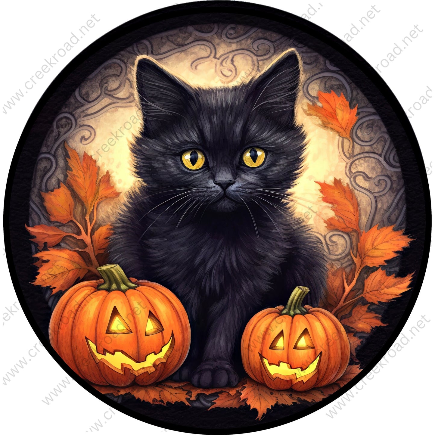 Adorable Black Kitten Smiling Halloween Jackolanterns Wreath Sign-Halloween-Sublimation-Decor-Creek Road Designs