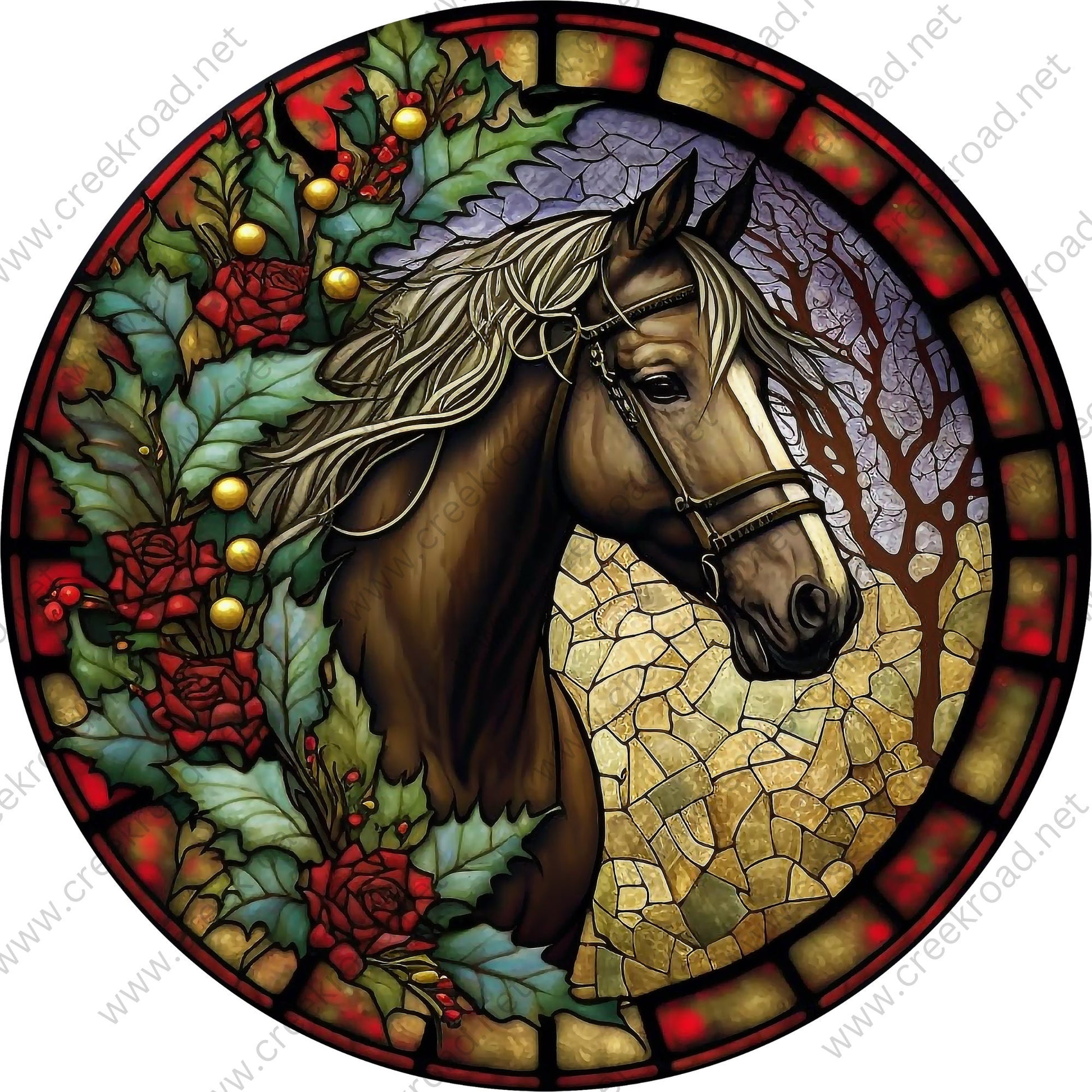 Christmas Holiday Brown Horse Red Roses Holly Wreath Sign-Sublimation-Round-Christmas-Decor