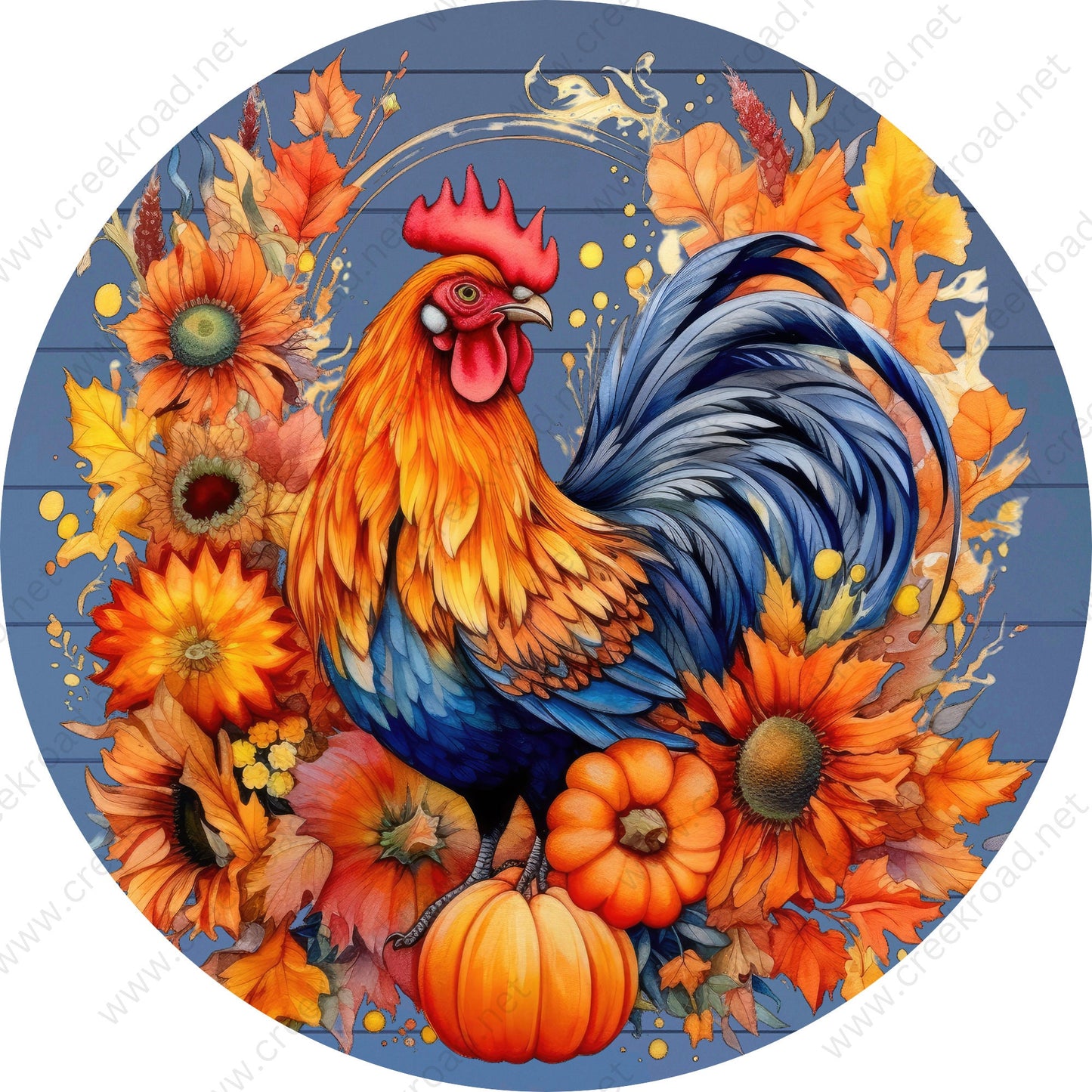 Fall Rooster Pumpkins Sunflowers Orange Blue Wreath Sign-Sublimation-Round-Christmas-Decor