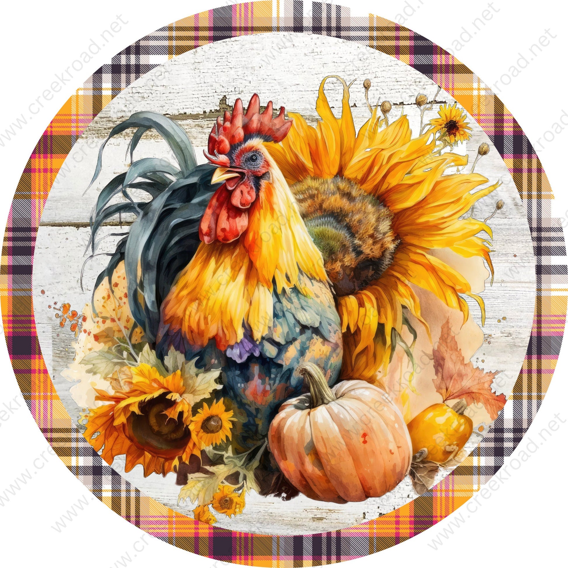 Fall Rooster Watercolor Shiplap Orange Blue Plaid Border Wreath Sign-Sublimation-Round-Fall-Autumn-Decor