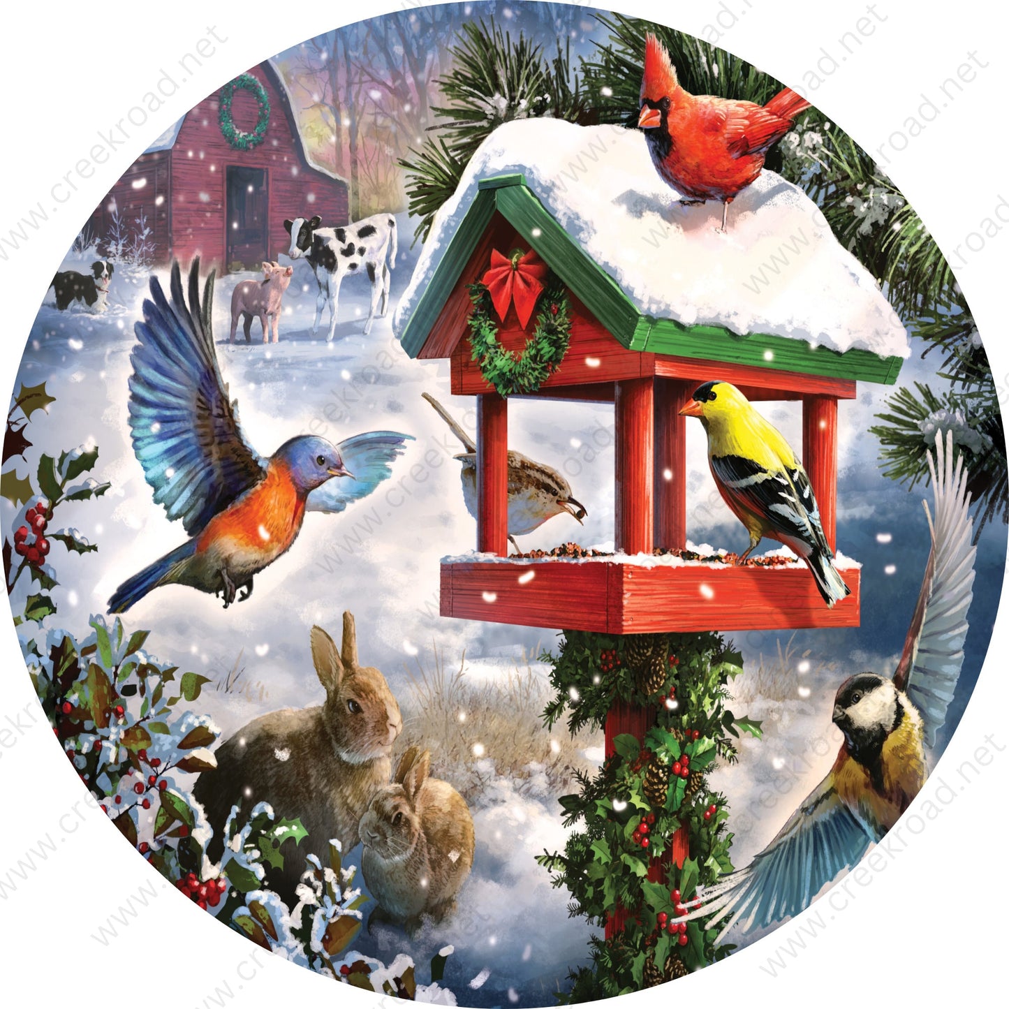 Winter Gathering Birdfeeder Barn Animals Wreath Sign-Holiday-Sublimation-Attachment-Decor