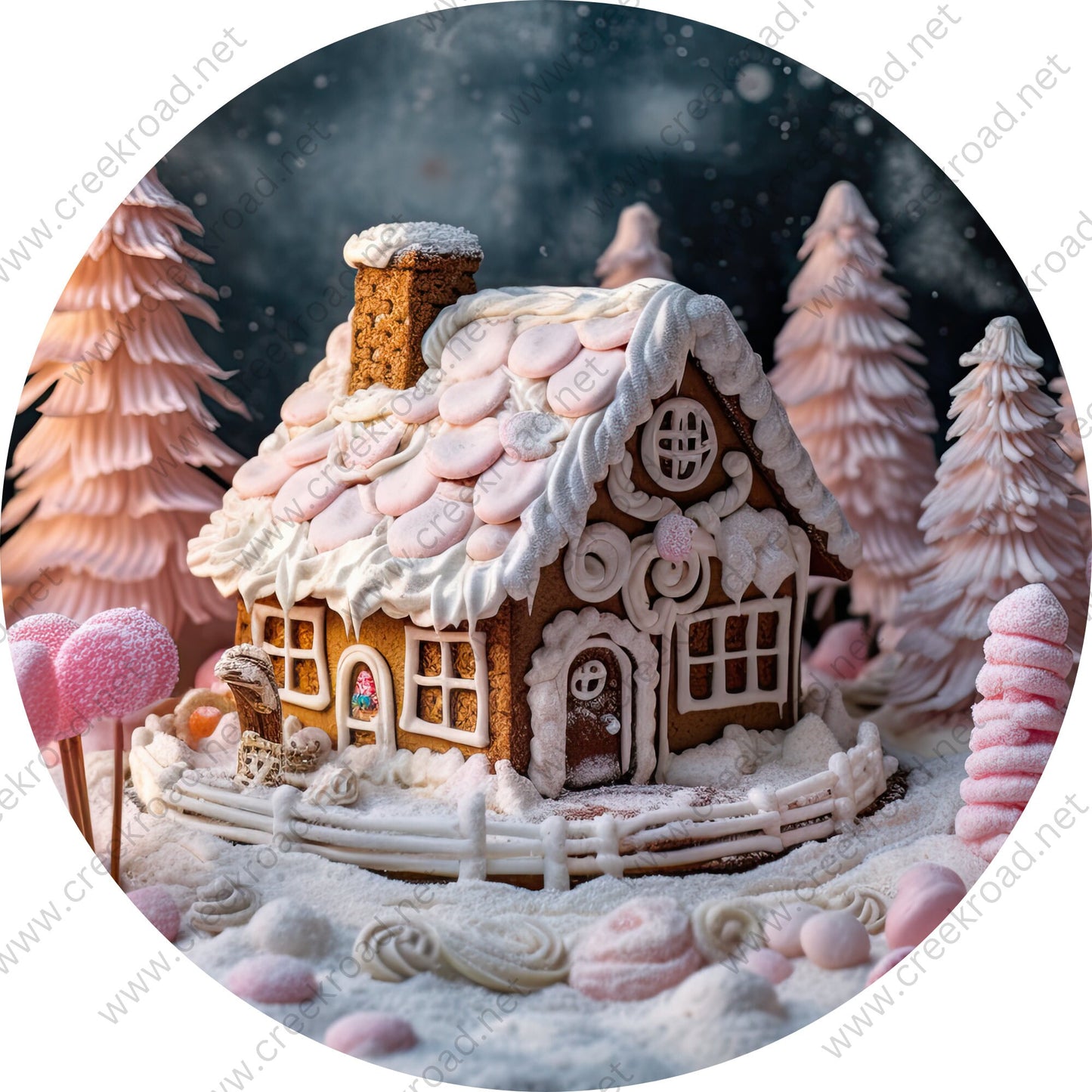 Pink White Gingerbread House Wreath Sign-CHOOSE YOUR BORDER-Sublimation-Round-Christmas-Decor