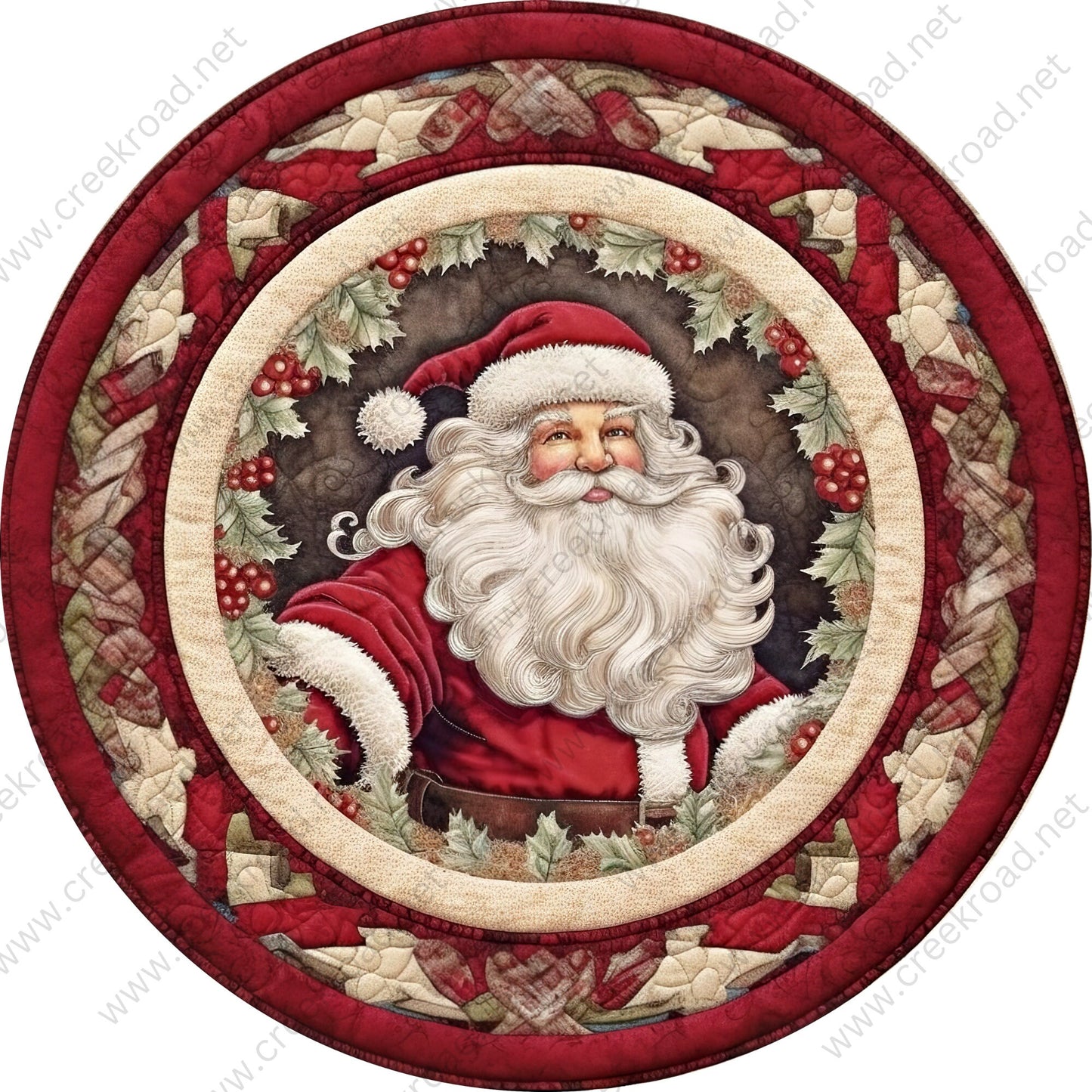 Santa Claus Holly Border Faux Quilted Appearance Wreath Sign-Holiday-Sublimation-Attachment-Decor