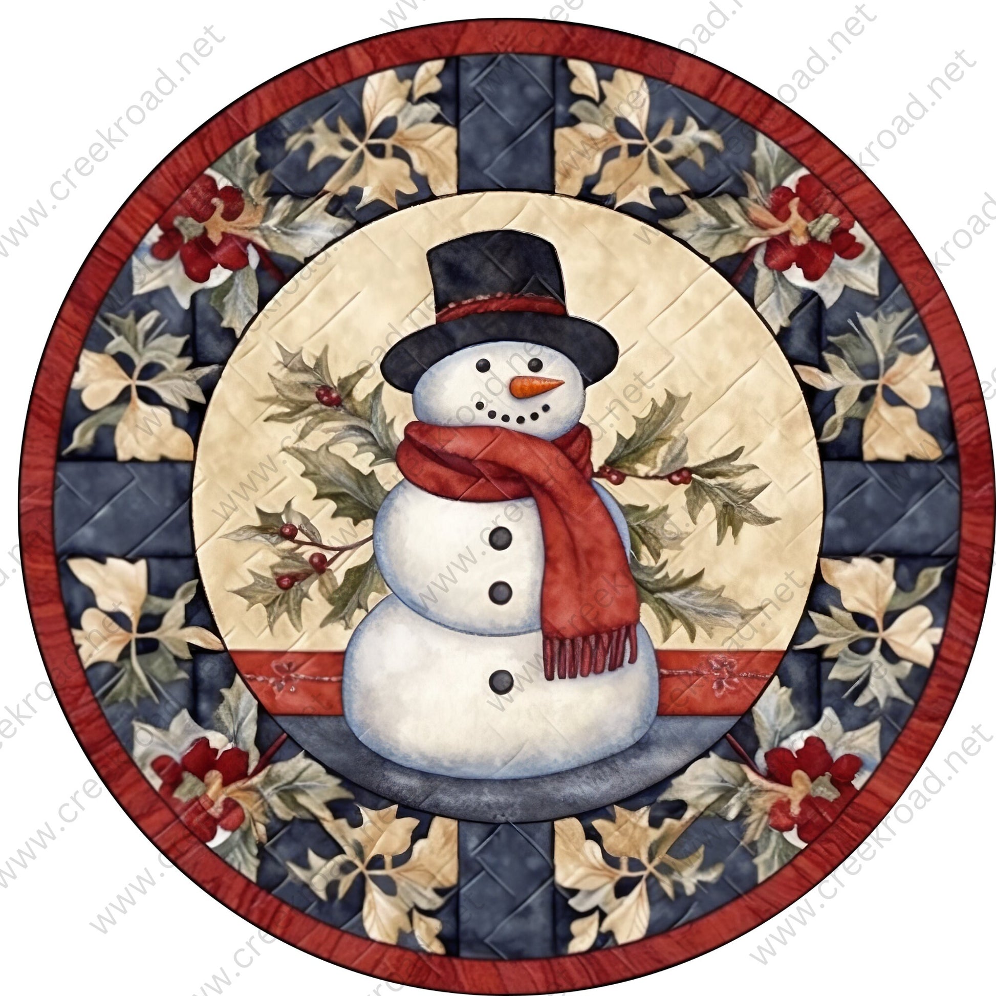 Christmas Snowman Faux Quilted Appearance Wreath Sign-Holiday-Sublimation-Attachment-Decor