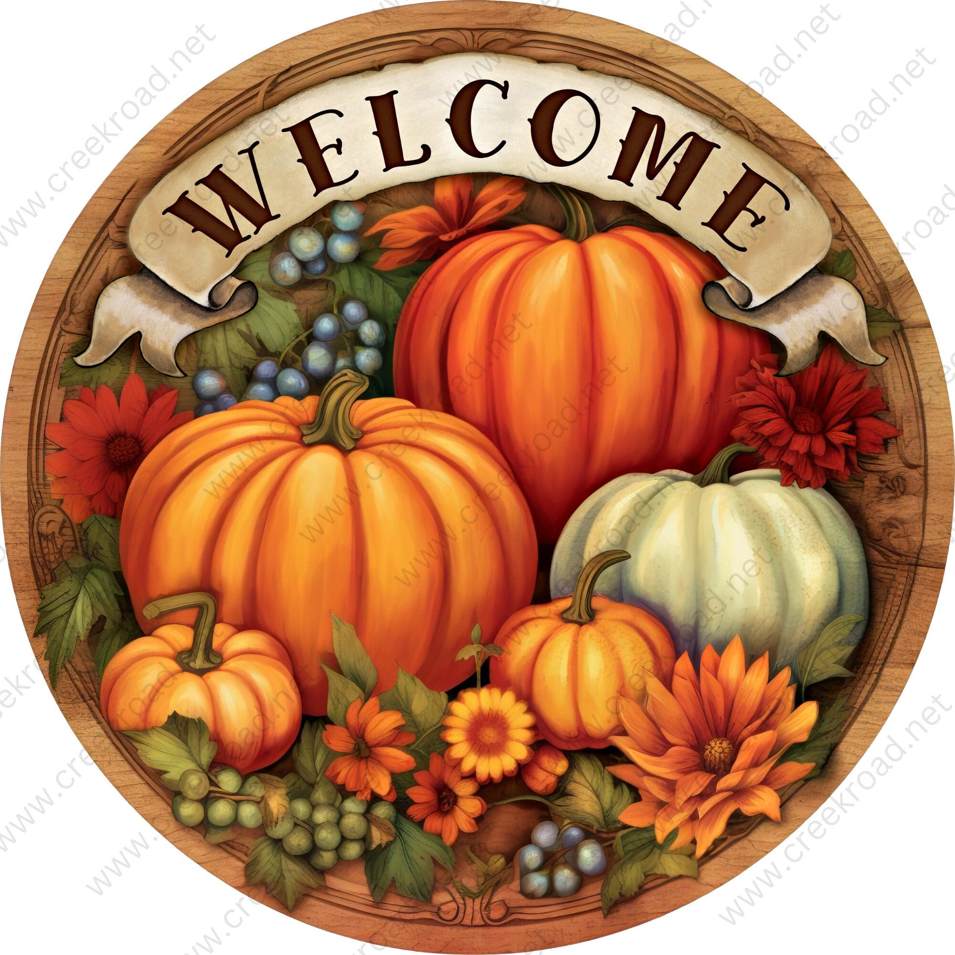 Weclome Harvest Pumpkins White Orange Wreath Sign-Sublimation-Round-Fall-Decor