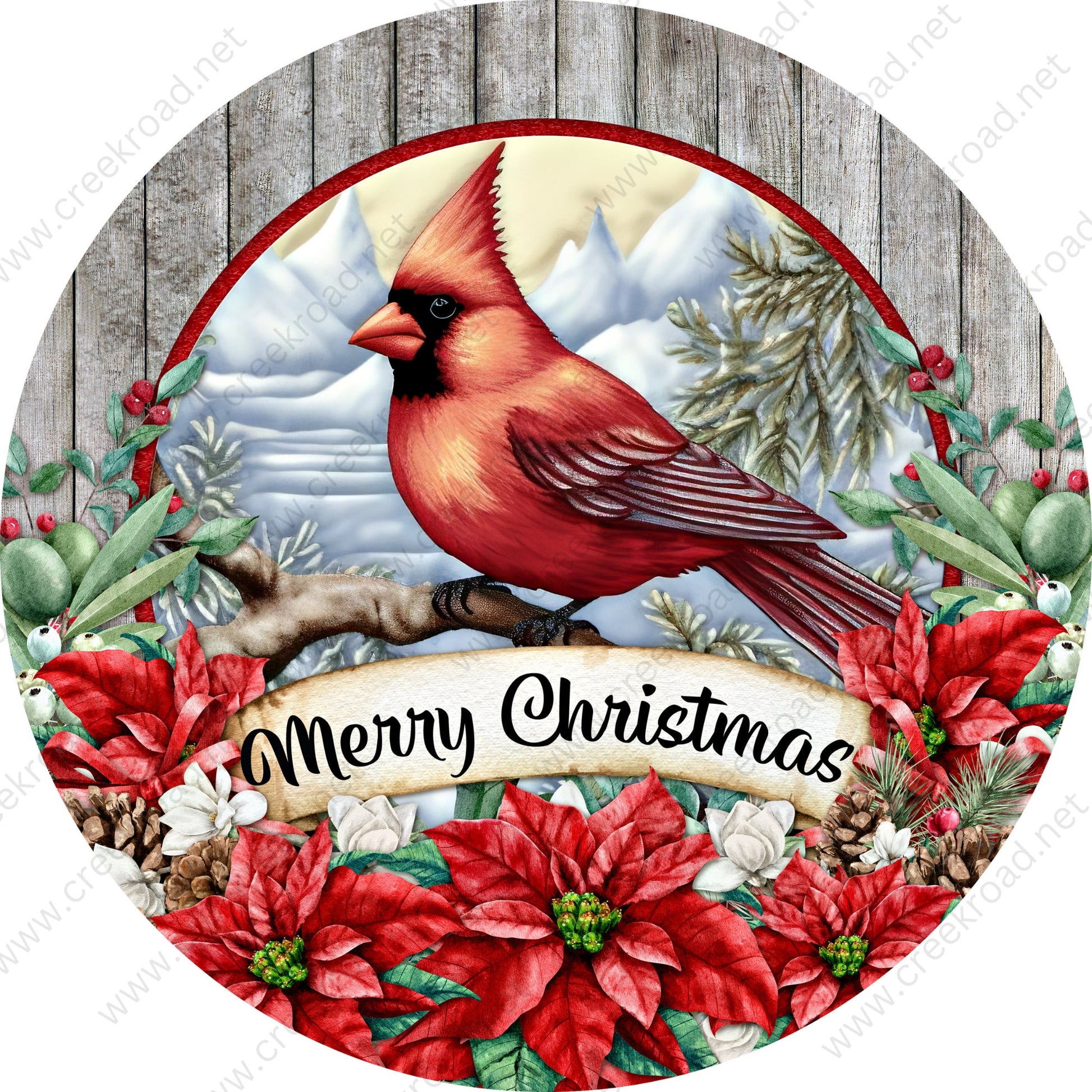 Merry Christmas Red Cardinal Poinsettias Wreath Sign-Holiday-Sublimation-Attachment-Decor