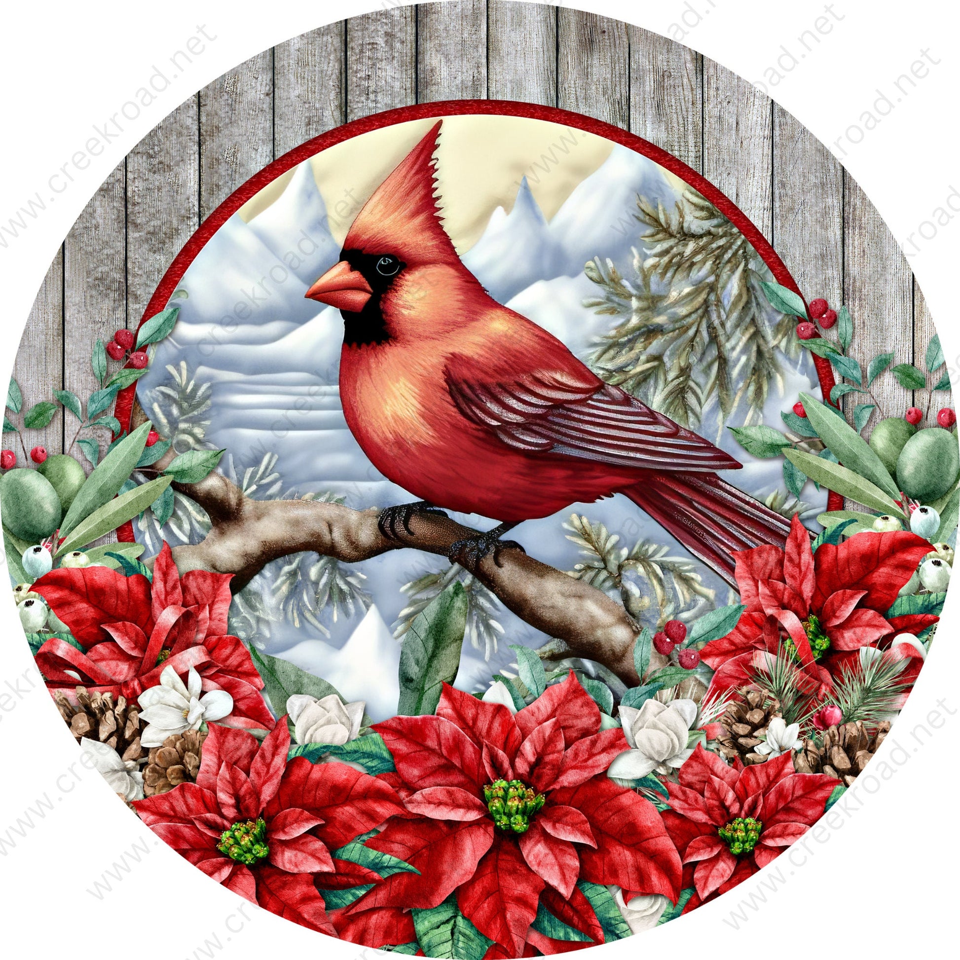 Red Cardinal Poinsettias Wreath Sign-Holiday-Sublimation-Attachment-Decor