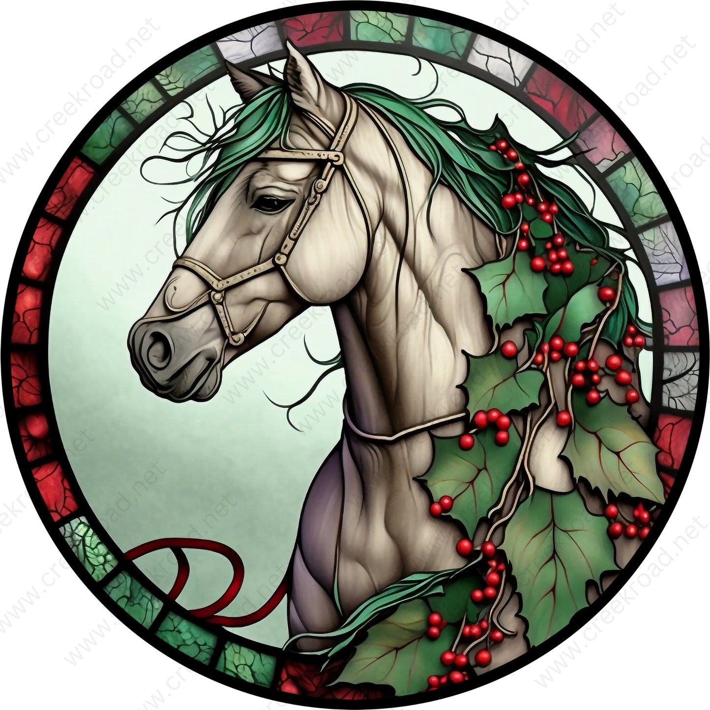 Christmas Horse With Holly Red Green Wreath Sign-Holiday-Sublimation-Attachment-Decor