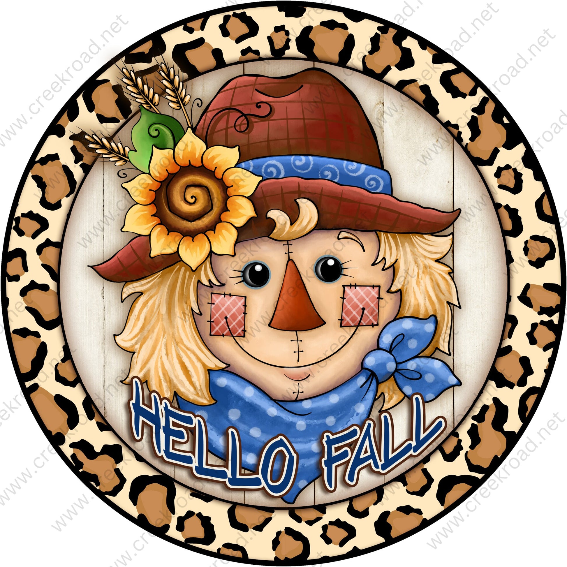 Hello Fall Scarecrow Brown Hat Leopard Border Wreath Sign-Sublimation-Round-Fall-Decor