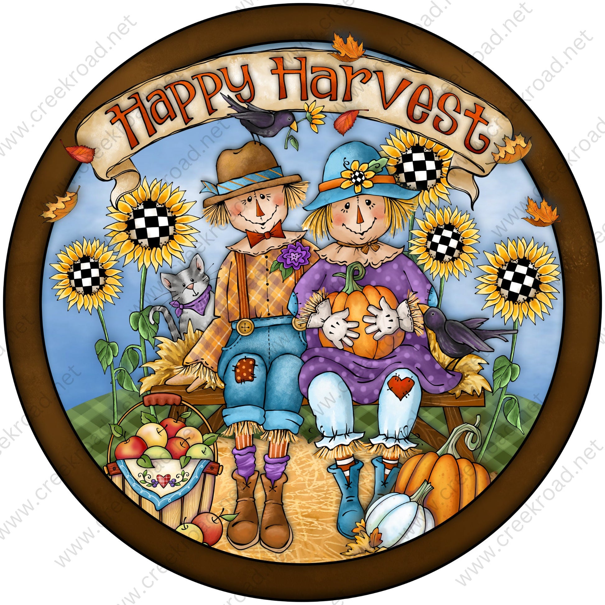 Happy Harvest Scarecrow Couple Wreath Sign-Sublimation-Round-Fall-Decor