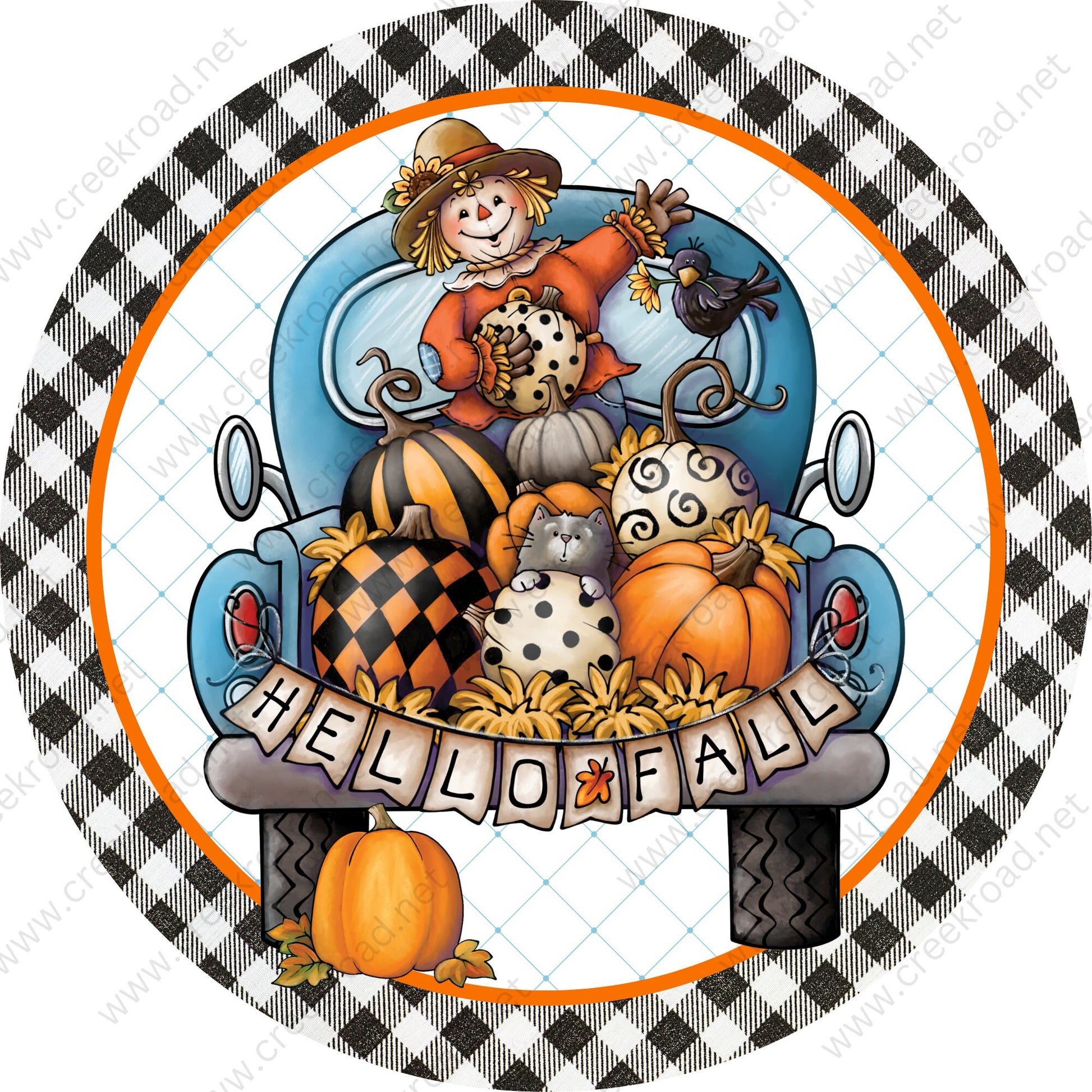 Hello Fall Scarecrow in Blue Truck with Pumpkins Wreath Sign-Sublimation-Round-Fall-Decor