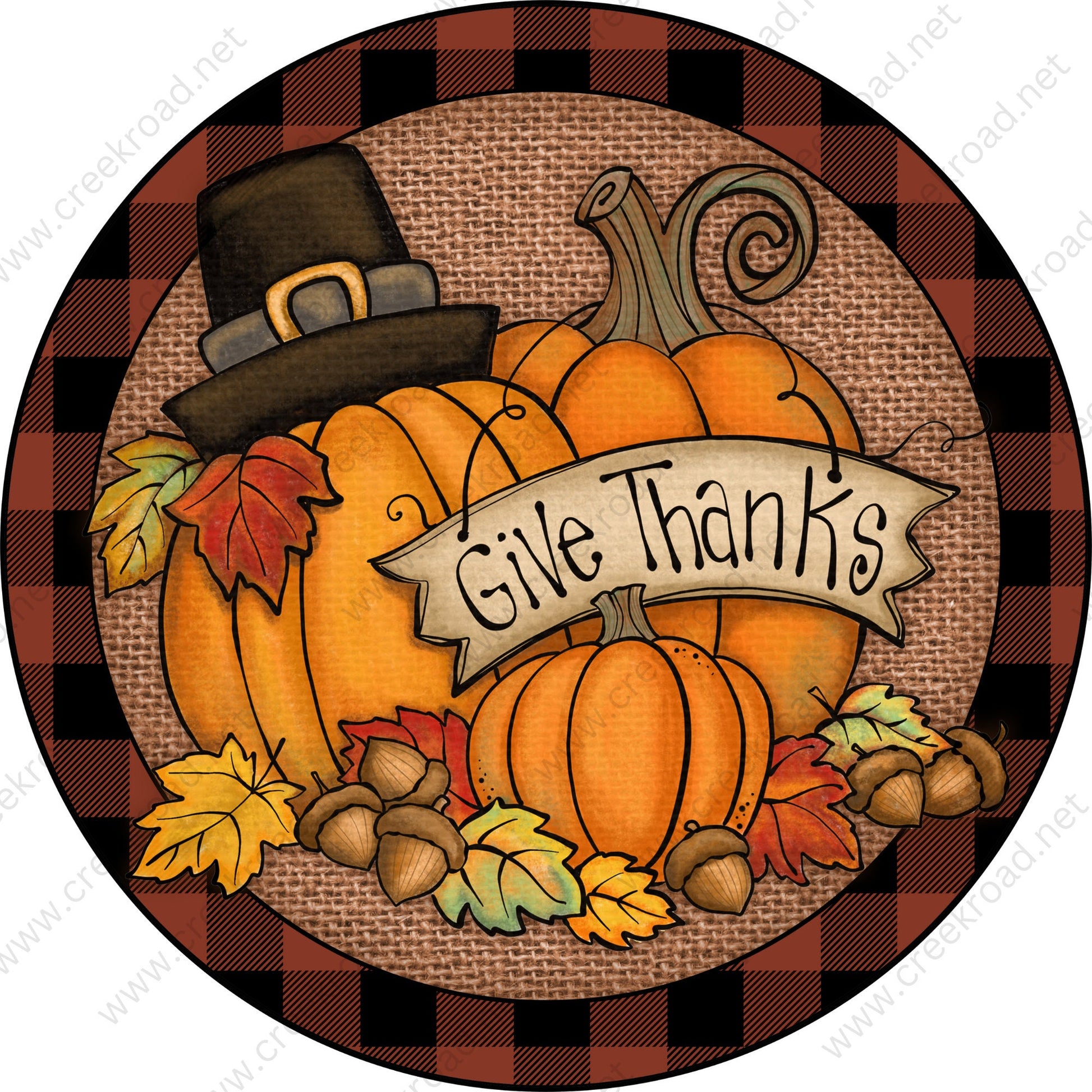 Give Thanks Pumpkins Checkered Border Wreath Sign-Sublimation-Round-Fall-Decor