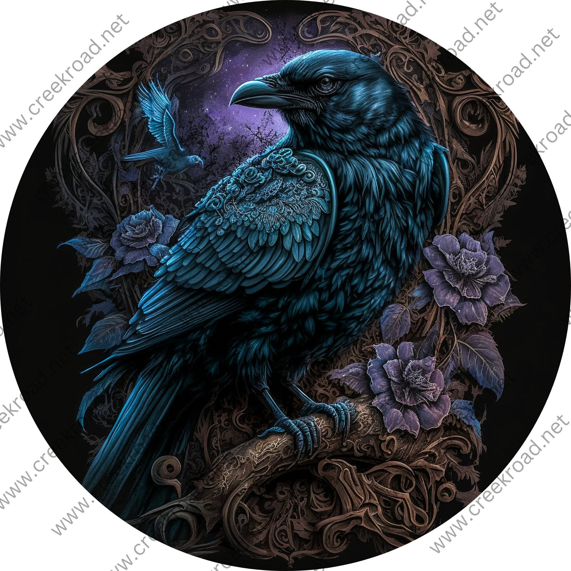 Beautiful Black Raven Purple Flowers Wreath Sign-Halloween-Sublimation-Decor-Creek Road Designs