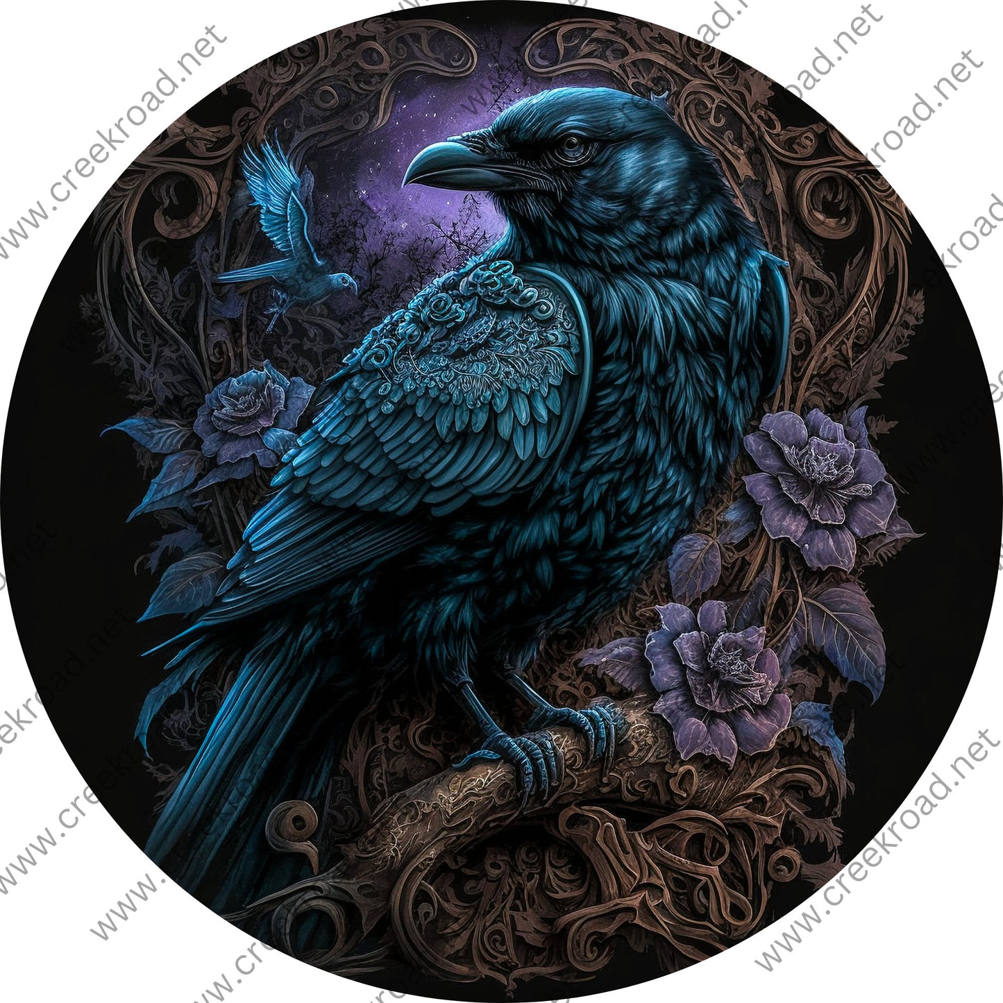 Beautiful Black Raven Purple Flowers Wreath Sign-Halloween-Sublimation-Decor-Creek Road Designs