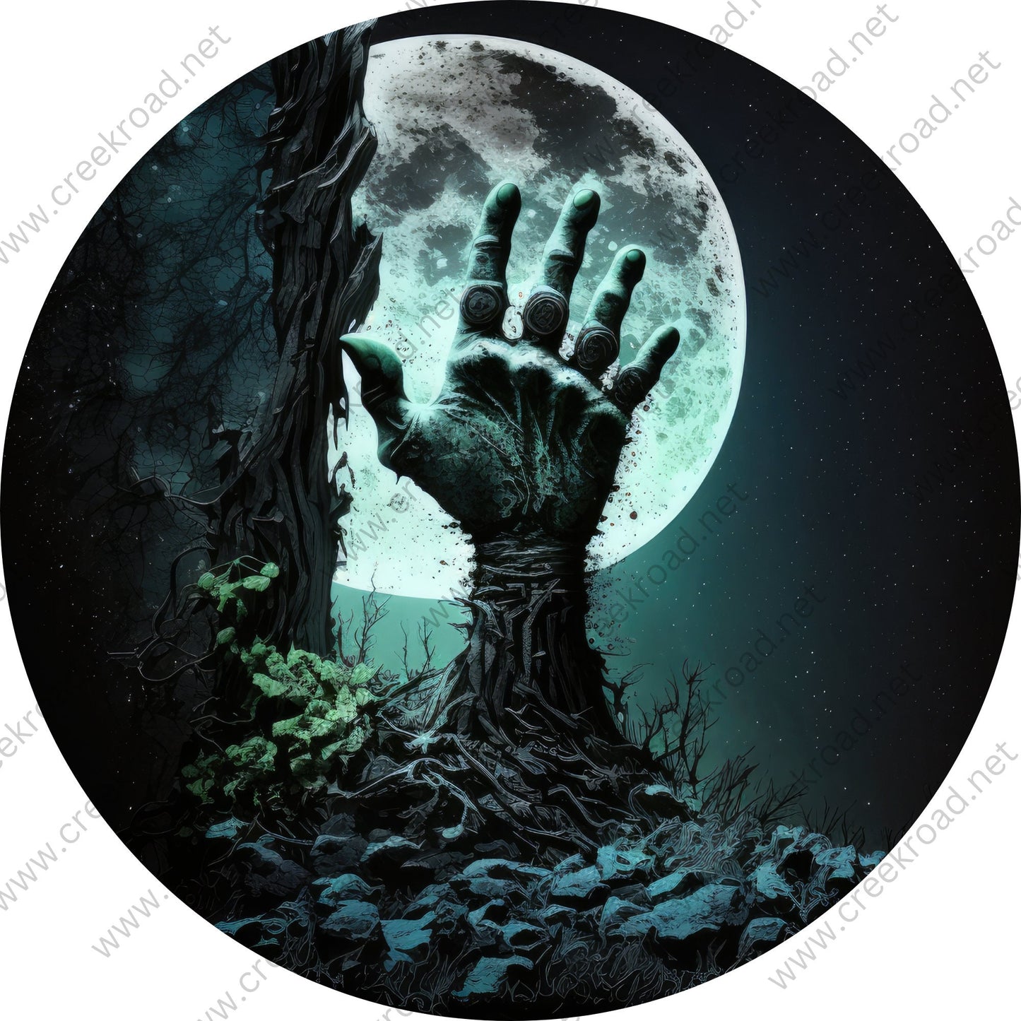 Zombie Hand from the Grave Full Moon Wreath Sign-Halloween-Sublimation-Decor-Creek Road Designs