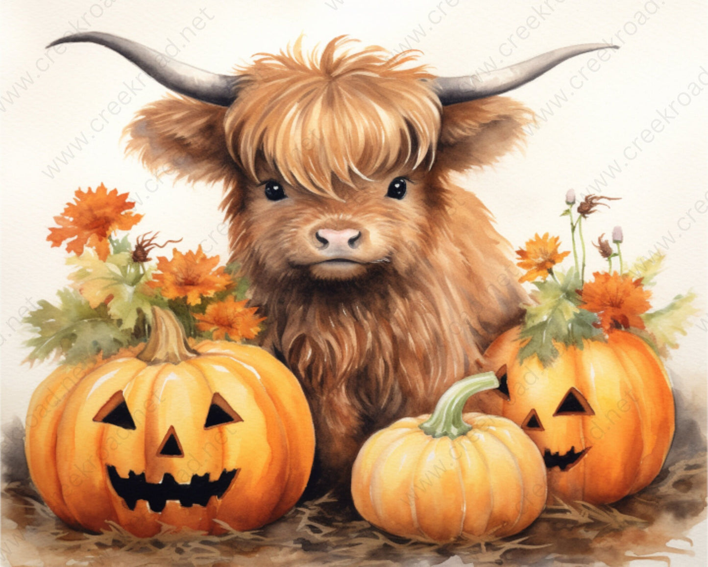 Highland Cow with Jackolanterns Wreath Sign-10" x 8" Halloween-Sublimation-Decor-Creek Road Designs