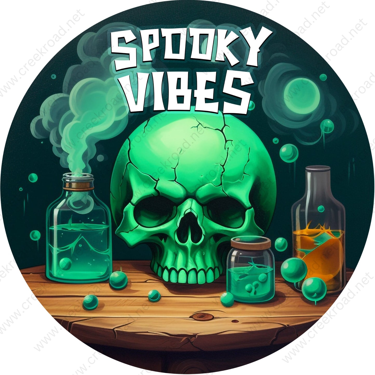 Spooky Vibes Green Skull Potions Wreath Sign-Halloween-Sublimation-Decor-Creek Road Designs