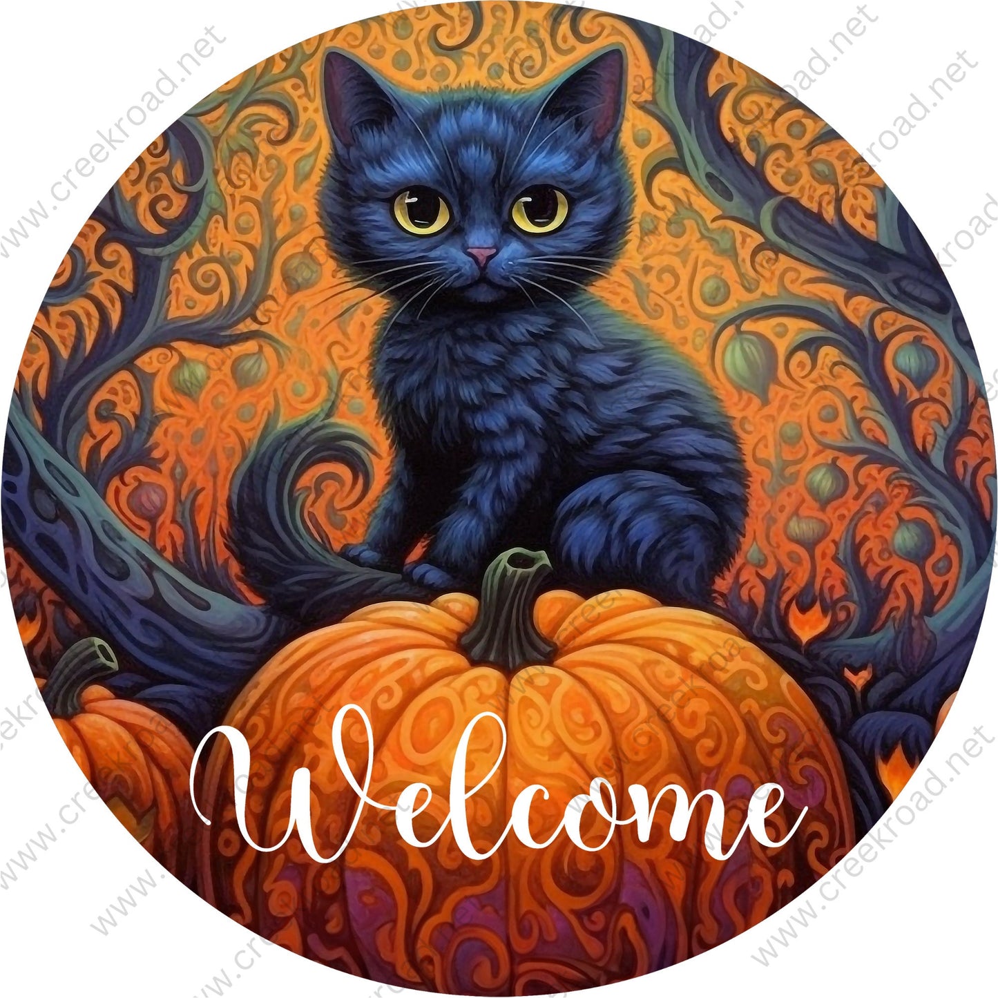 Welcome Black Cat Pumpkin Wreath Sign-Halloween-Sublimation-Decor-Creek Road Designs