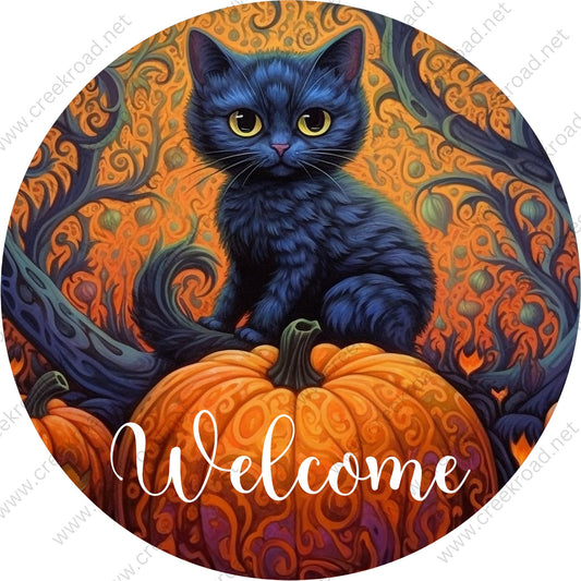 Welcome Black Cat Pumpkin Wreath Sign-Halloween-Sublimation-Decor-Creek Road Designs