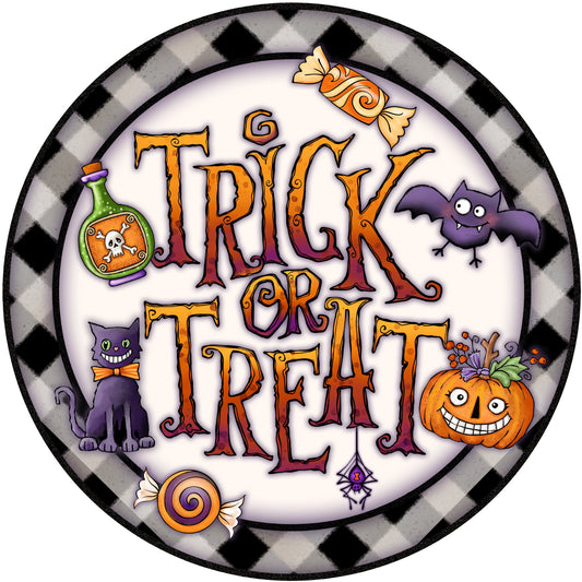 Trick Or Treat Pumpkin Cat Candy Spider Black White Checkered Border Wreath Sign-Halloween-Sublimation-Decor-Creek Road Designs