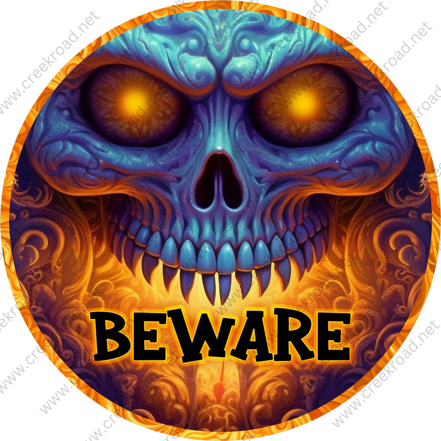 Beware Skeleton with Orange Border Wreath Sign-Halloween-Sublimation-Decor-Creek Road Designs