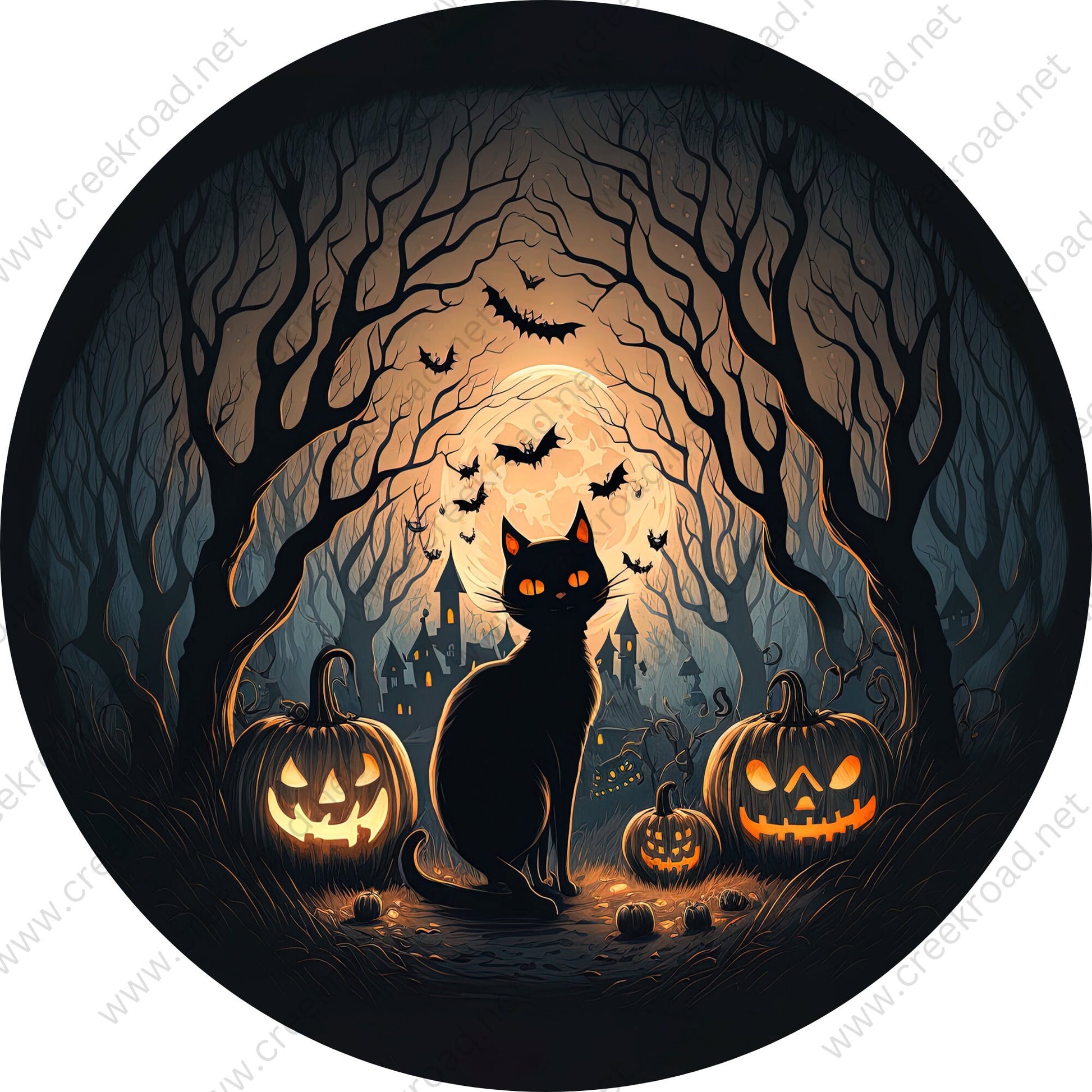 Spooky Forest Cat Jackolantern Under Full Moon Wreath Sign-Halloween-Sublimation-Decor-Creek Road Designs