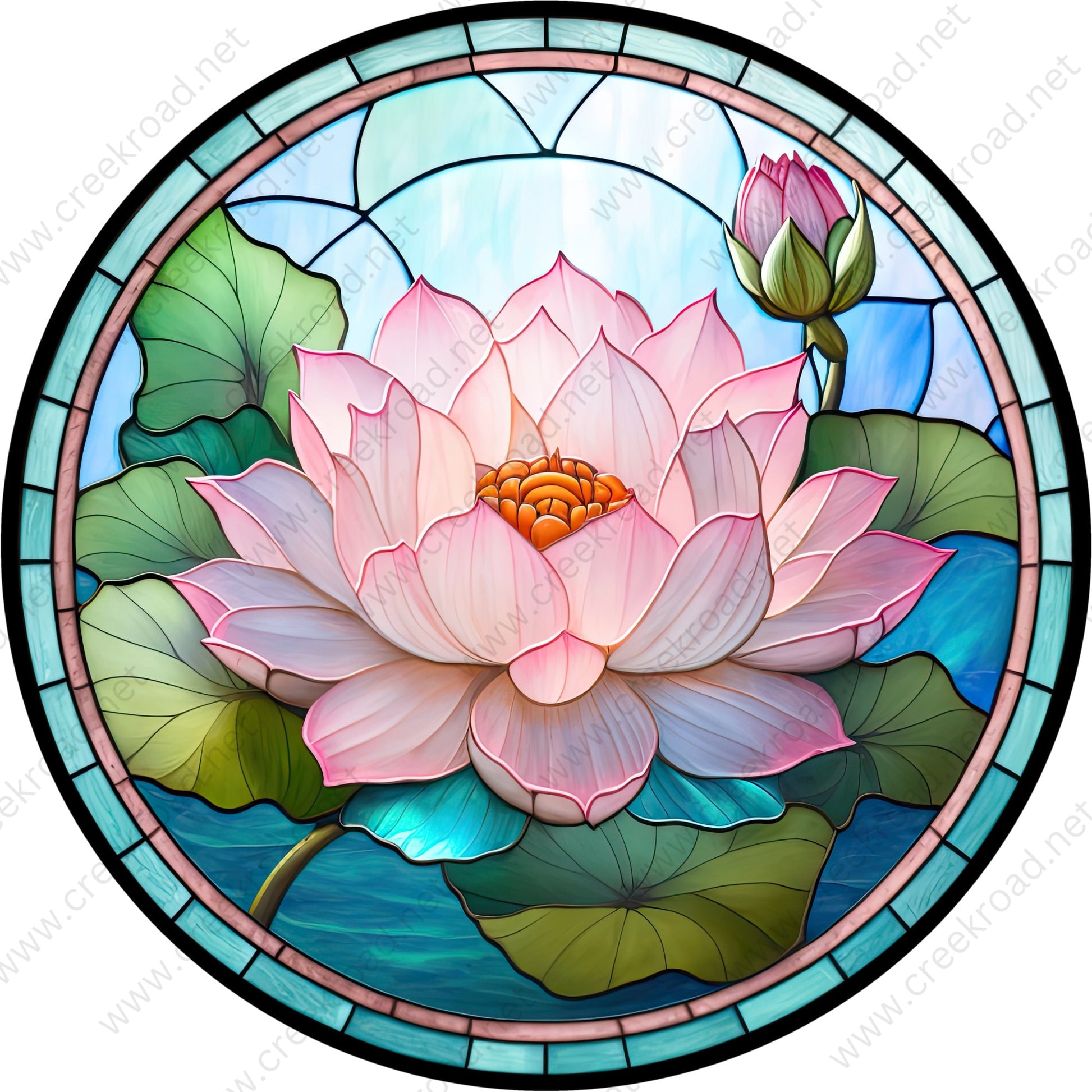 Pink Lotus Flower Faux Stained Glass Wreath Sign-Sublimation-Round-Spring-Summer-Decor