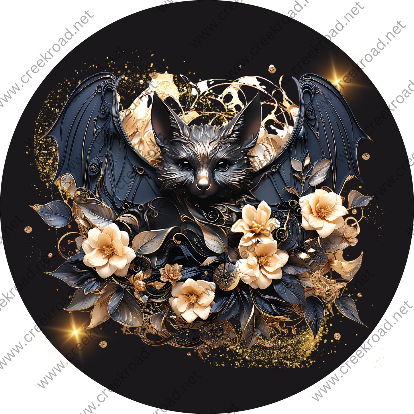 Halloween Bat with Cream Flowers Wreath Sign-Halloween-Sublimation-Decor-Creek Road Designs