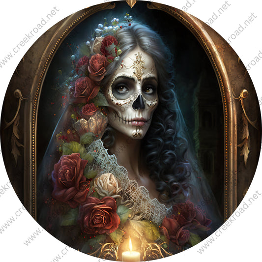 Sugar Skull Bride Rose Veil With Candle Wreath Sign-Halloween-Sublimation-Decor-Creek Road Designs