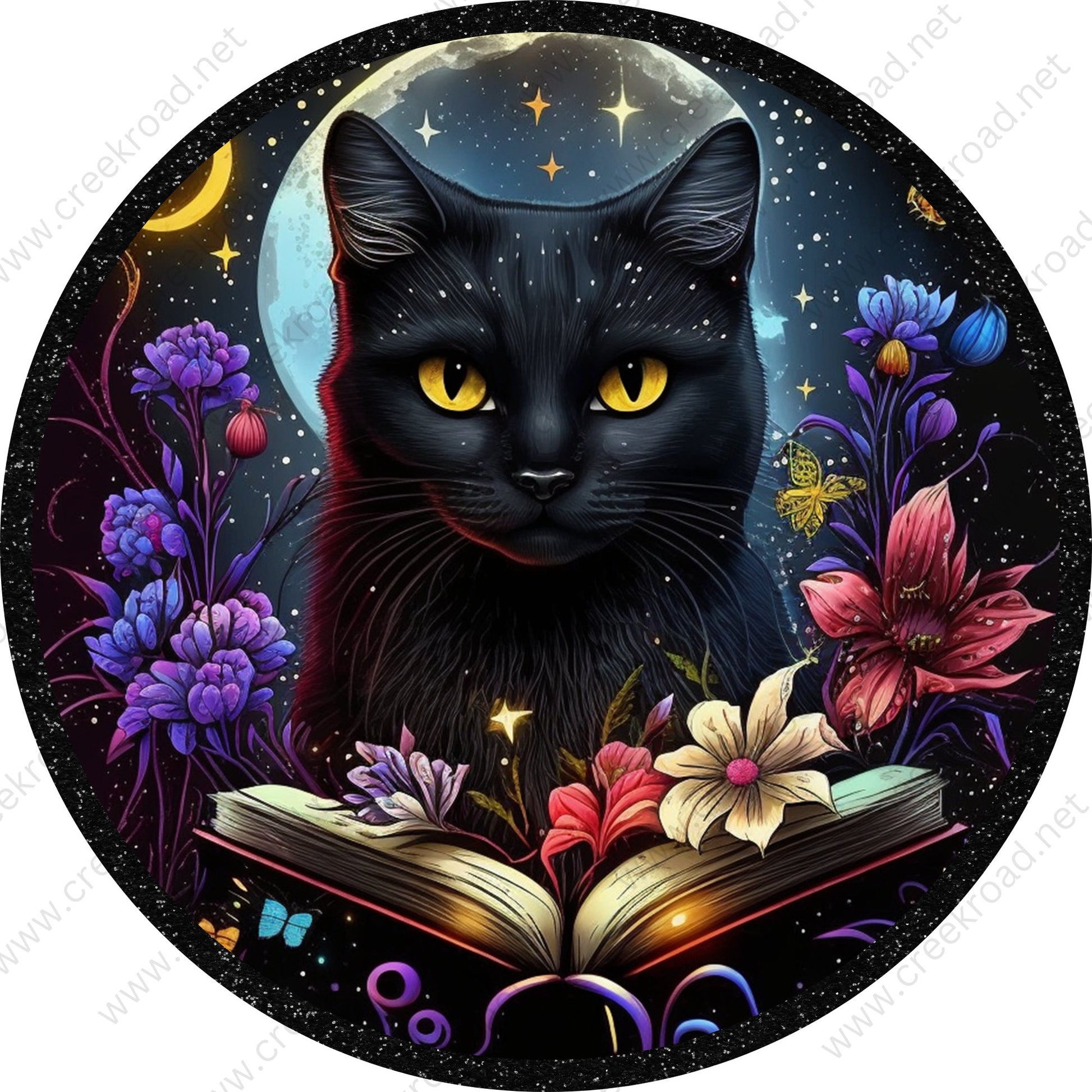 Halloween Black Cat Book with Flowers Wreath Sign-Halloween-Sublimation-Decor-Creek Road Designs