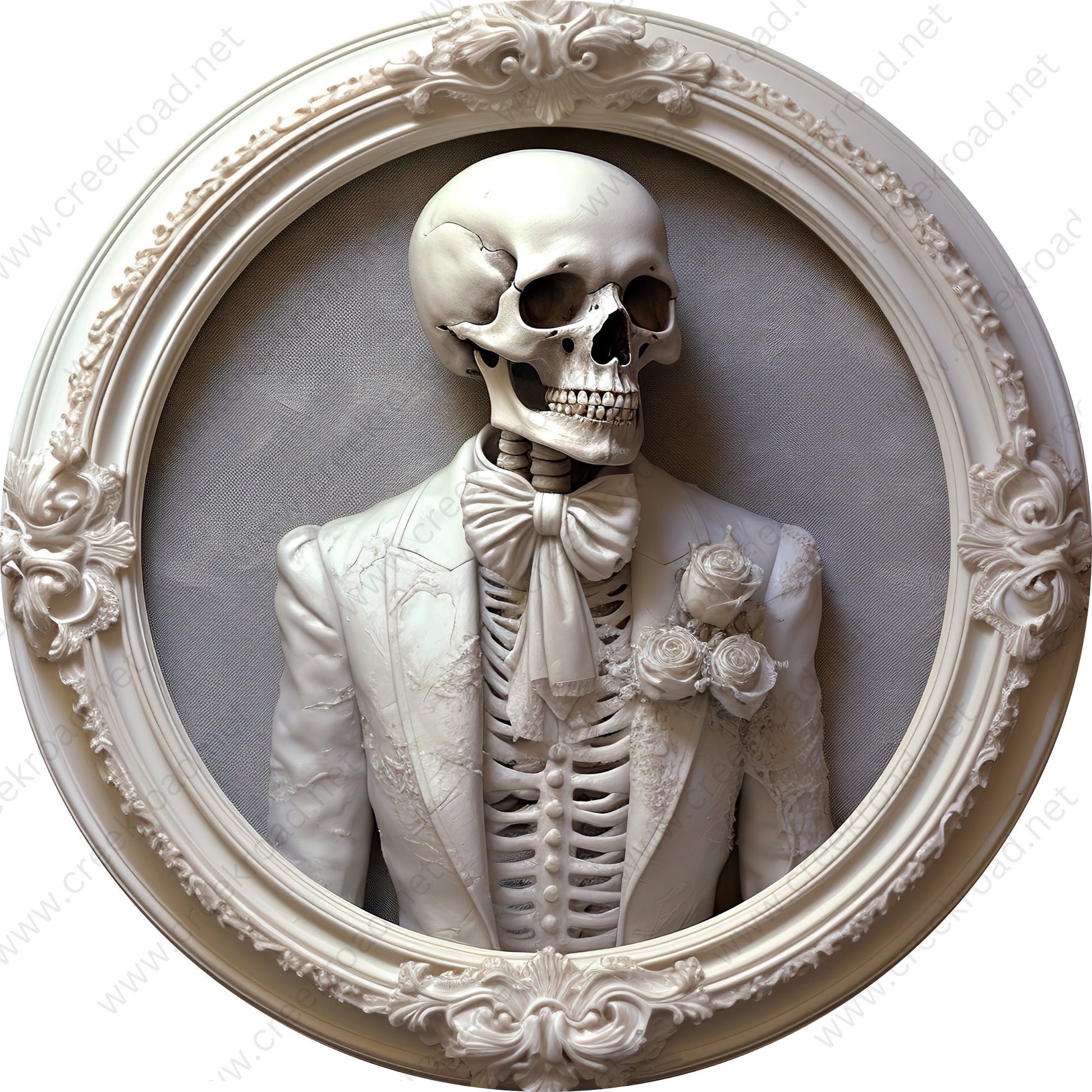 White Skeleton White Tuxedo Picture Frame Wreath Sign-Halloween-Sublimation-Decor-Creek Road Designs