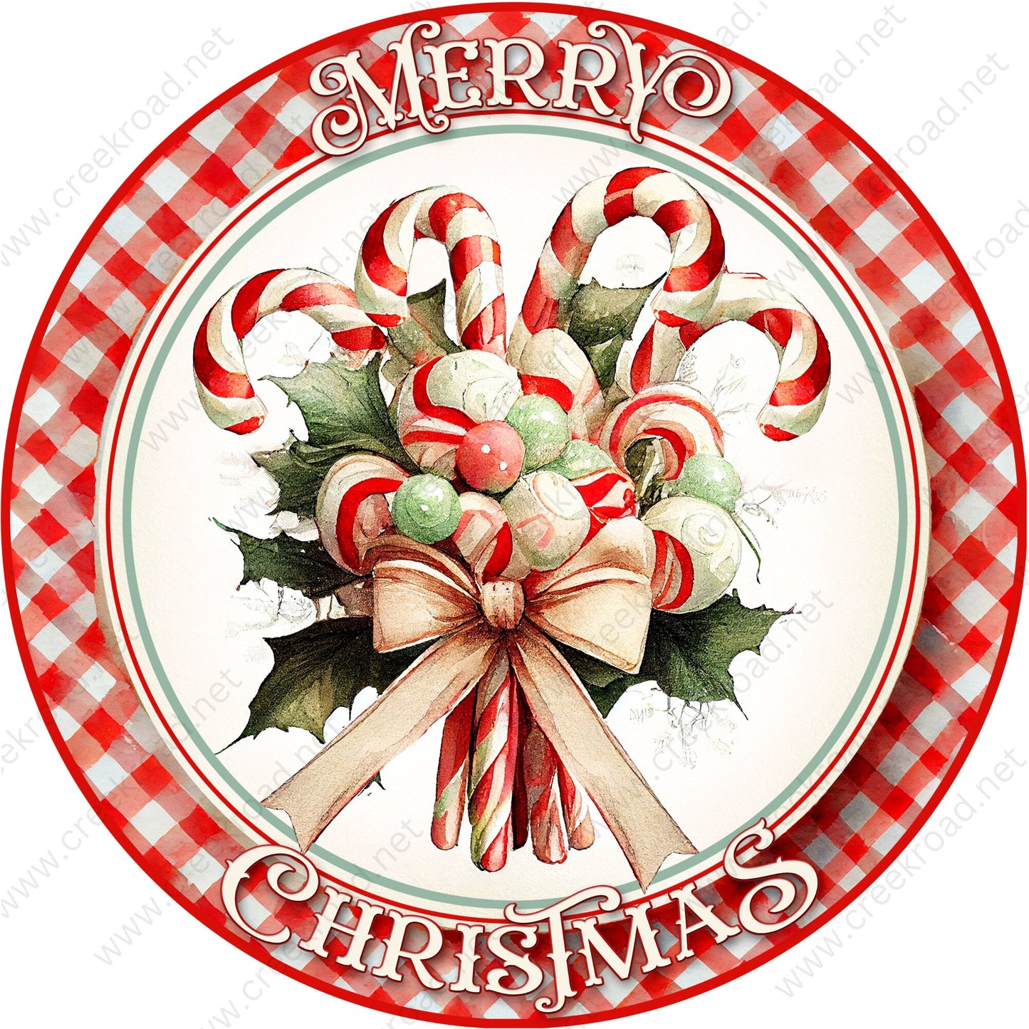 Retro Merry Christmas Candy Cane Red White Checkered Border Wreath Sign-Sublimation-Round-Christmas-Decor