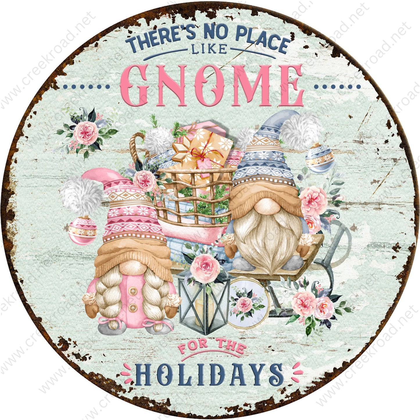 There's No Place Like Gnome For The Holidays Retro Faux Rusted Border Wreath Sign-Sublimation-Round-Christmas-Decor