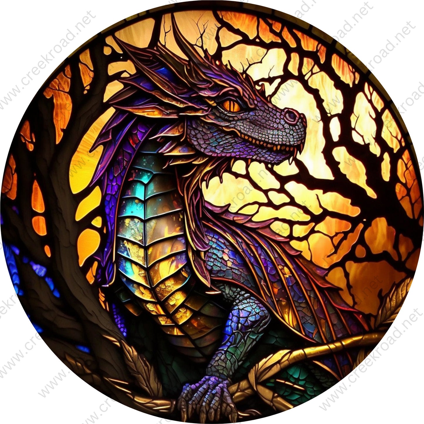 Purple Dragon Faux Stained Glass Wreath Sign-Round-Sublimation-Decor