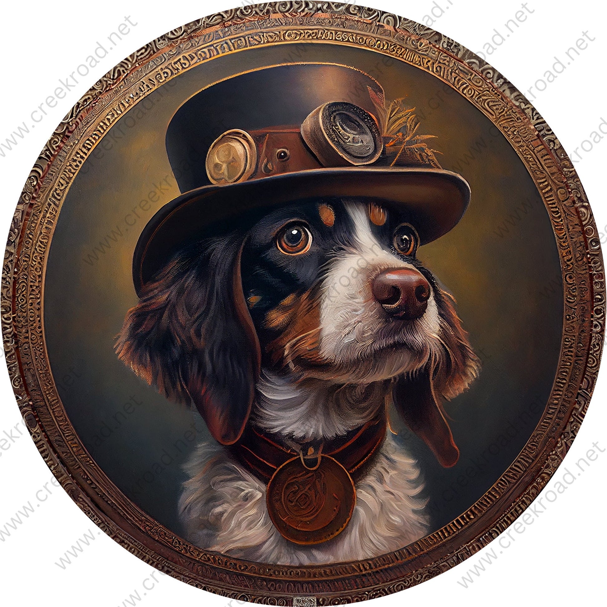 Steampunk Dog 4 Wreath Sign-Round-Pet-Dog-Sublimation-Aluminum-Attachment-Decor